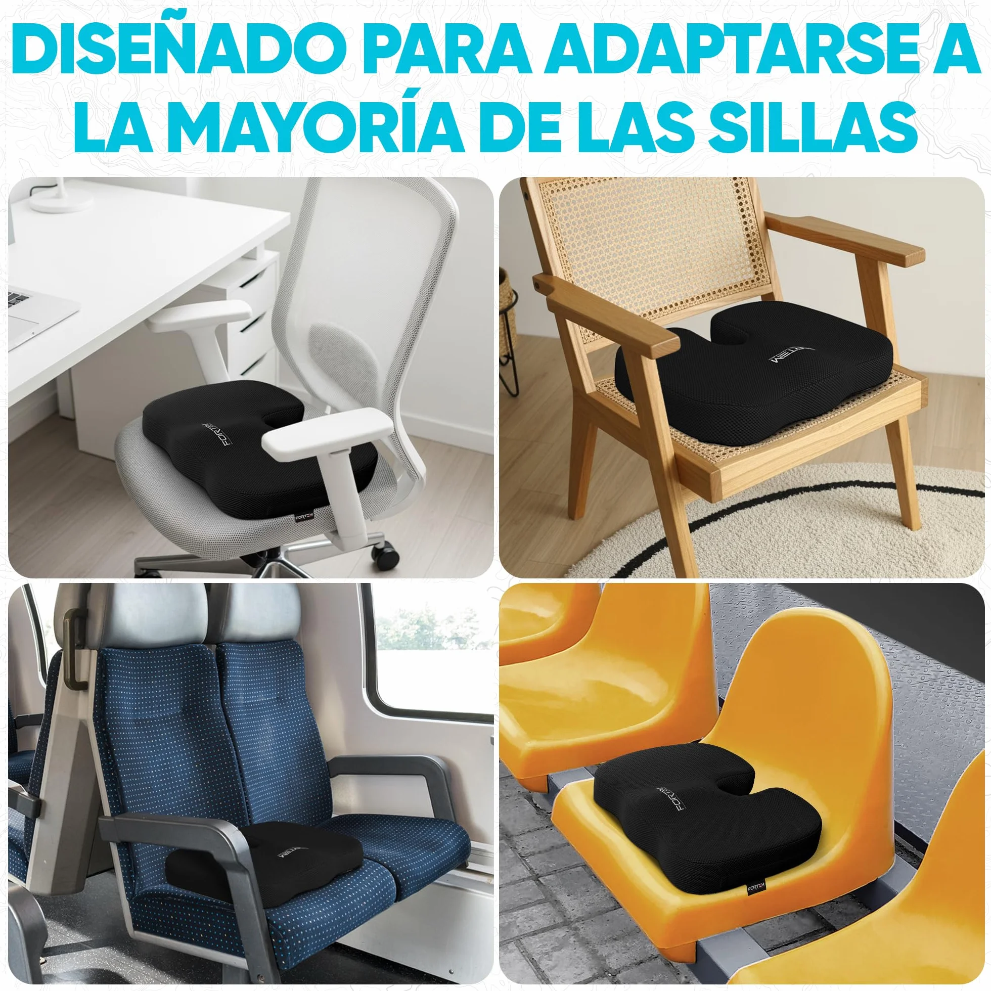 FORTEM Cojín Silla Oficina Forma U Espuma Viscoelástica Ergonómico Asiento Coche Gaming Viaje Funda Lavable