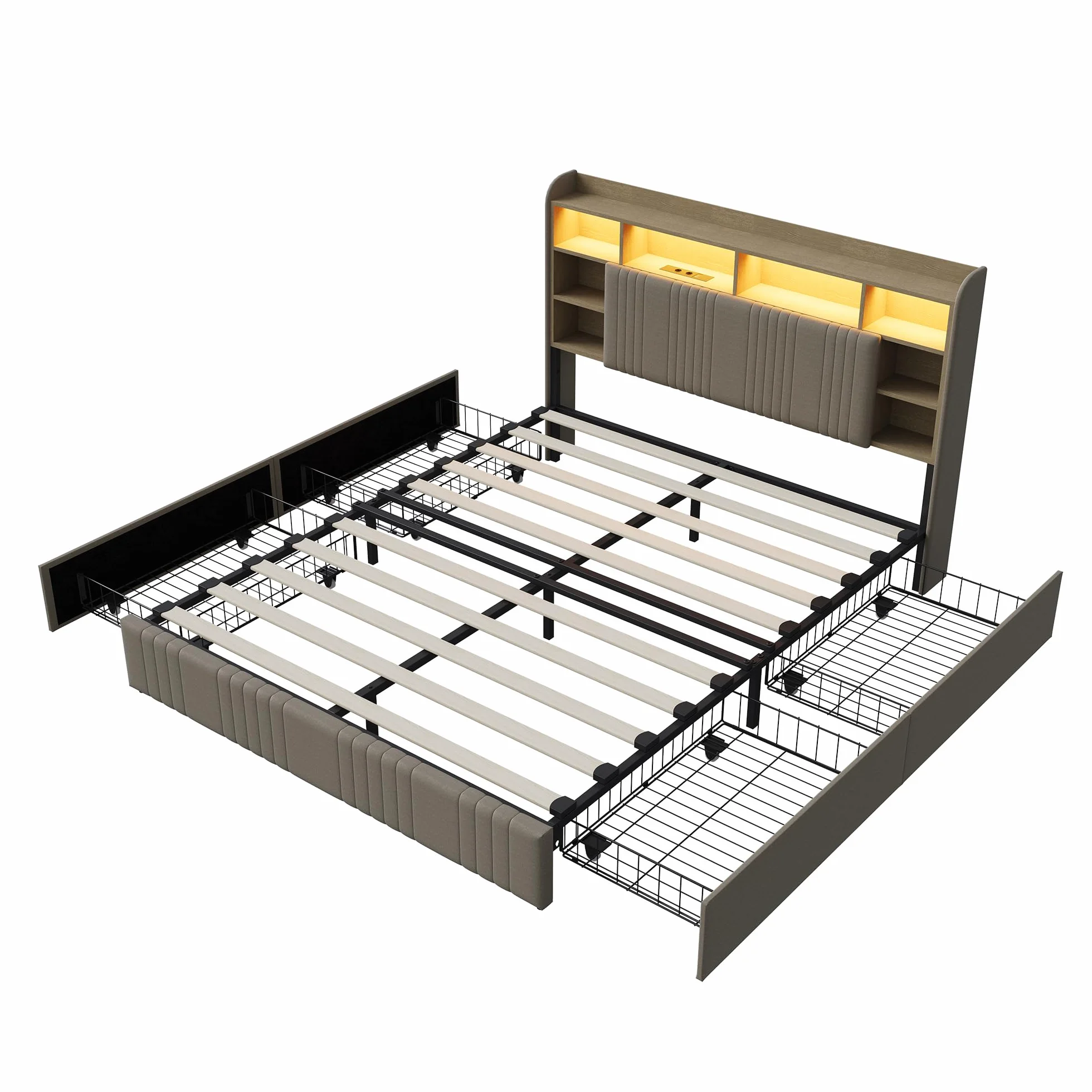Cama Tapizada 140x200 cm con Luces LED y Estación de Carga USB/Tipo C, Estructura de Cama con Cajón y Cabecero con Almacenaje, Cama de Matrimonio de Lino con Somier de Láminas, Beige, Sin colchón