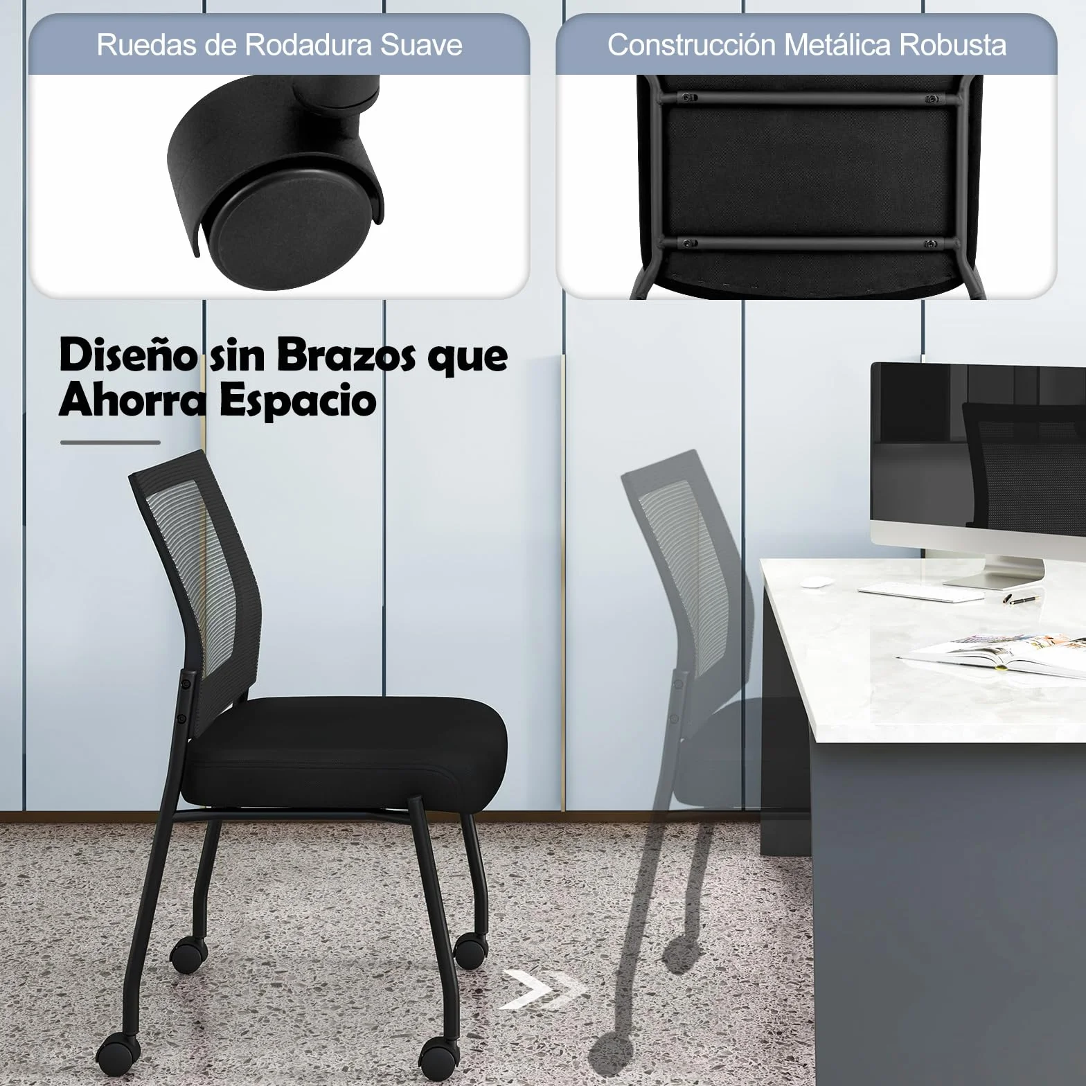 COSTWAY 2 Sillas Sala de Espera sin Brazos, Respaldo de Malla y Asiento Acolchado, Sillas Confidente con Ruedas, Silla Oficina, Carga 125kg, Negro