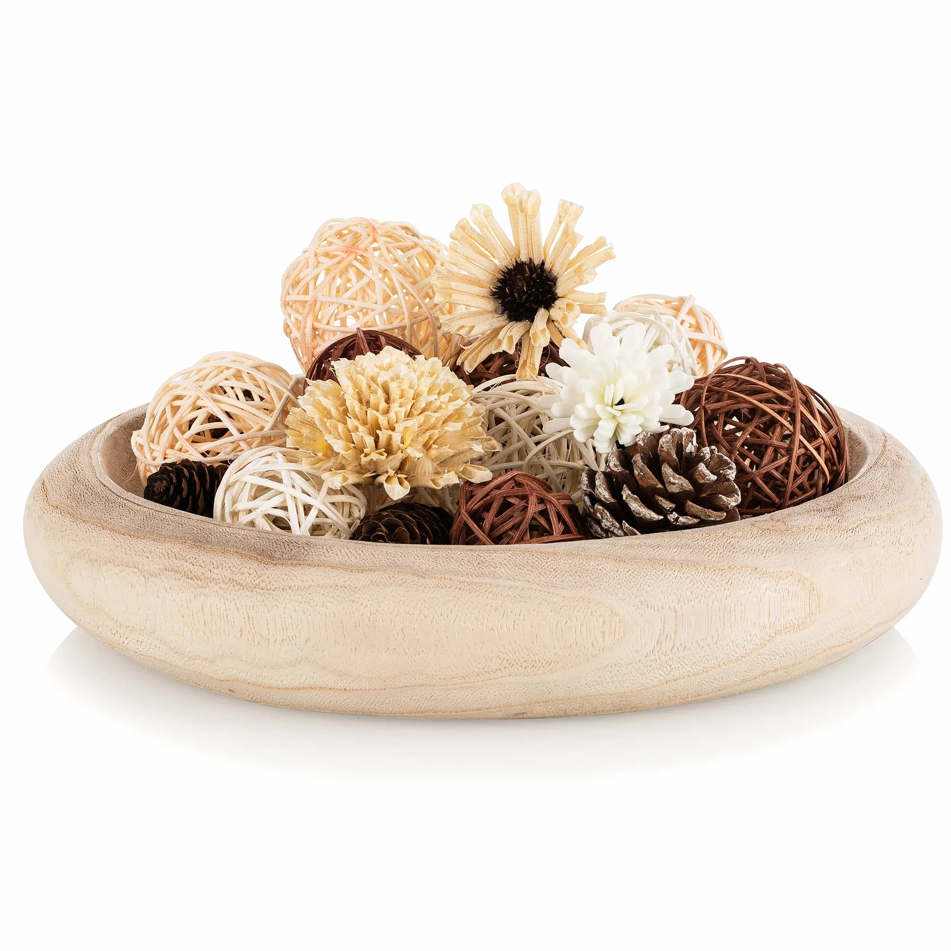 Hanobe Cuenco decorativo grande de madera: centro de mesa redondo de madera de paulownia para decoración del hogar, cuenco de frutas natural rústico de 12.6 pulgadas para mesa de café, bandeja de