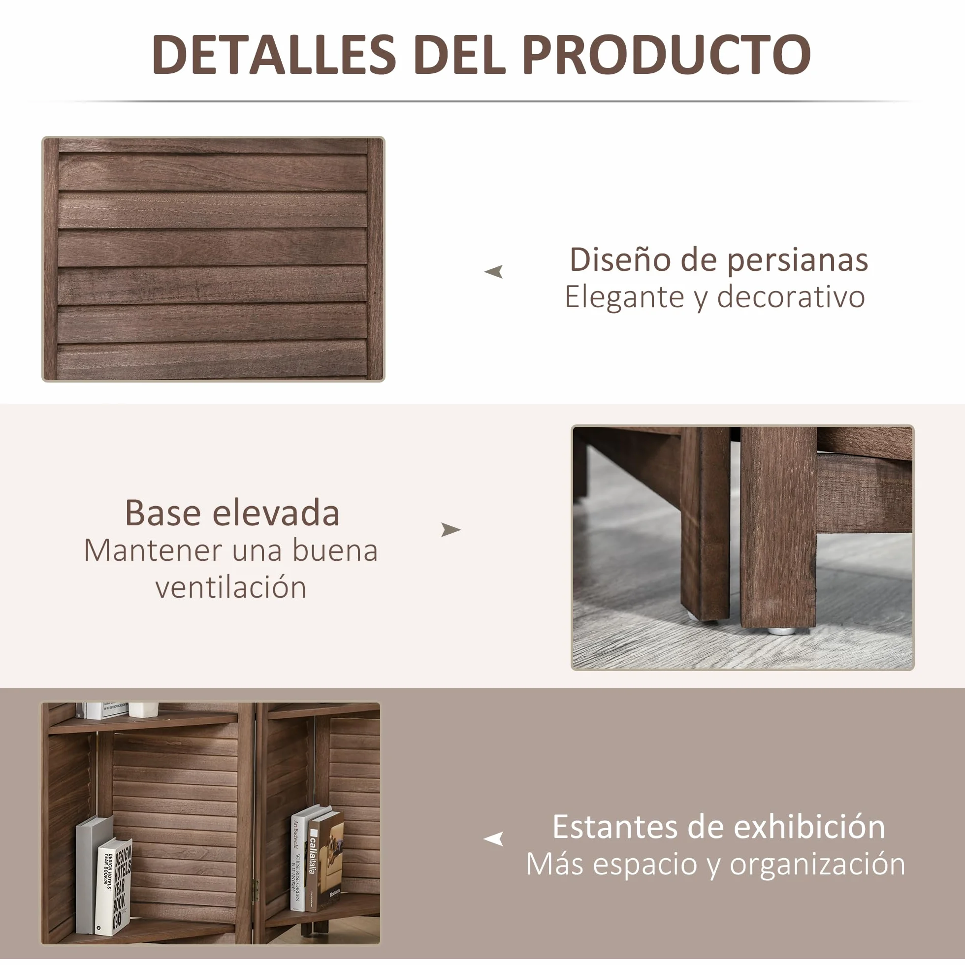 HOMCOM Biombo Plegable de 4 Paneles de Madera, 162x170 cm, Biombo Separador de Ambientes con 3 Estantes, Diseño de Persianas, Decoración para Dormitorio, Salón, Nogal