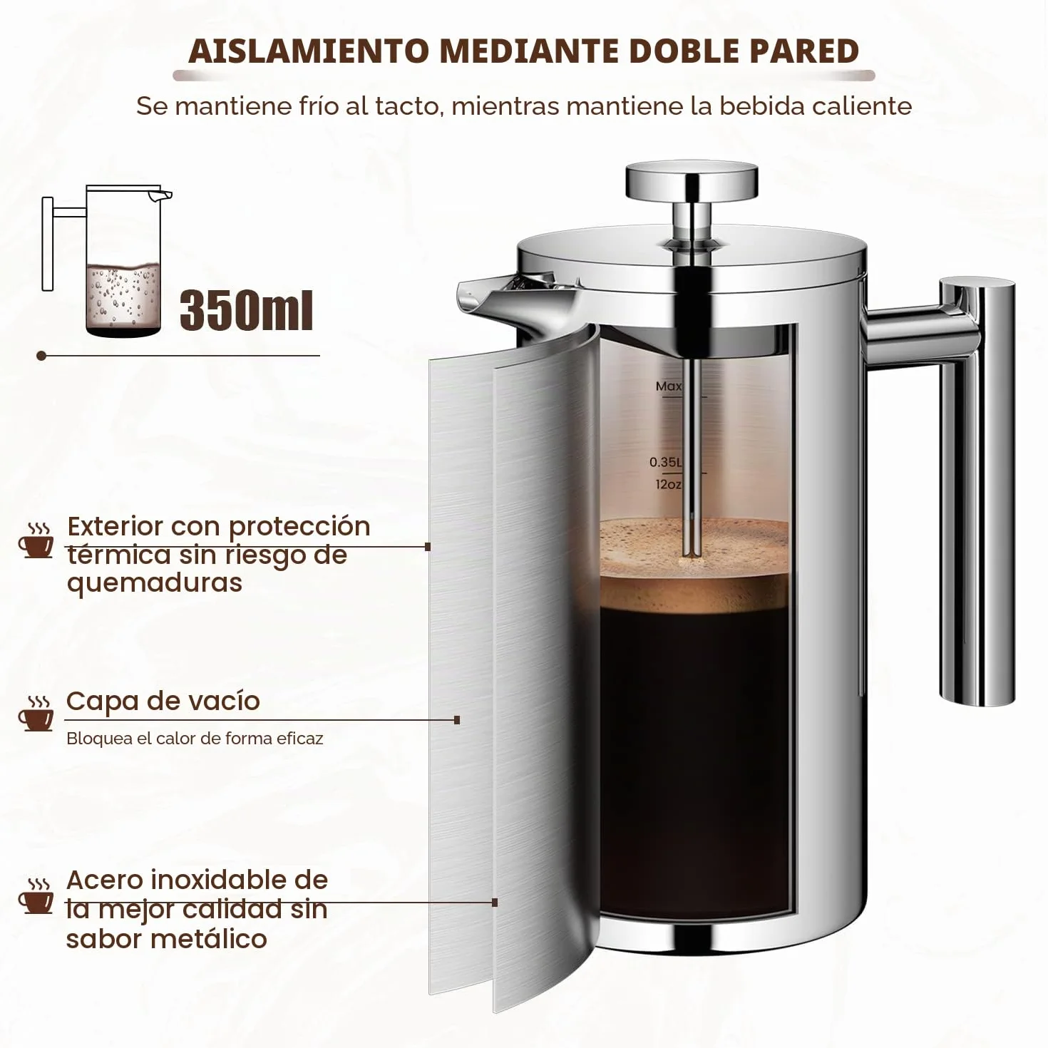 Velaze - Cafetera de émbolo (acero inoxidable, 350 ml, para 2 tazas, doble pared, cafetera, con 5 flitros y cuchara-S