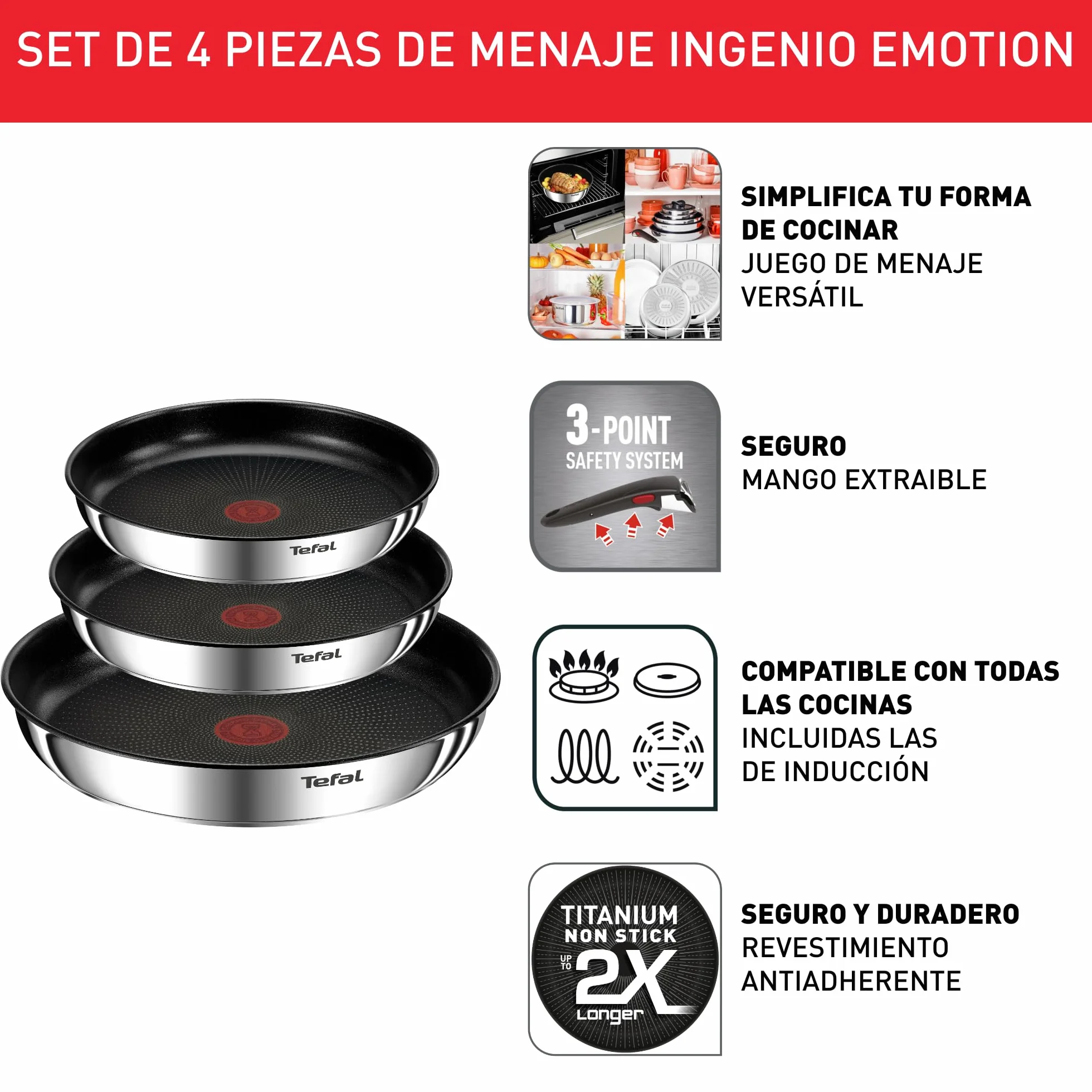 Tefal Ingenio Emotion Juego 3 Sartenes 22/24/28 cm Mango extraíble Apto inducción antiadherentes revestimiento titanio Thermo-signal