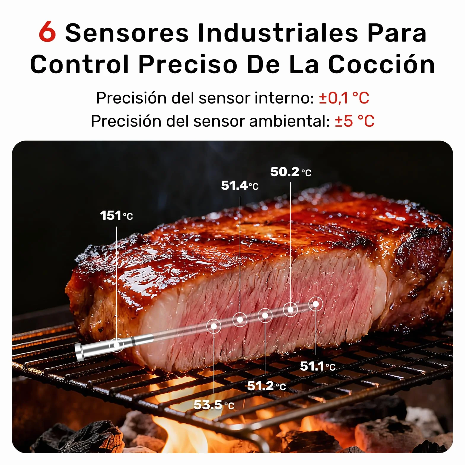 X Pro Termómetro para Carne con Bluetooth y WiFi, 2 Sondas 6 Sensores, Pantalla LED, IP69 Impermeable​, resistente al calor hasta 582°C, Termometro Carne para BBQ, Grill, Cocina, Asador