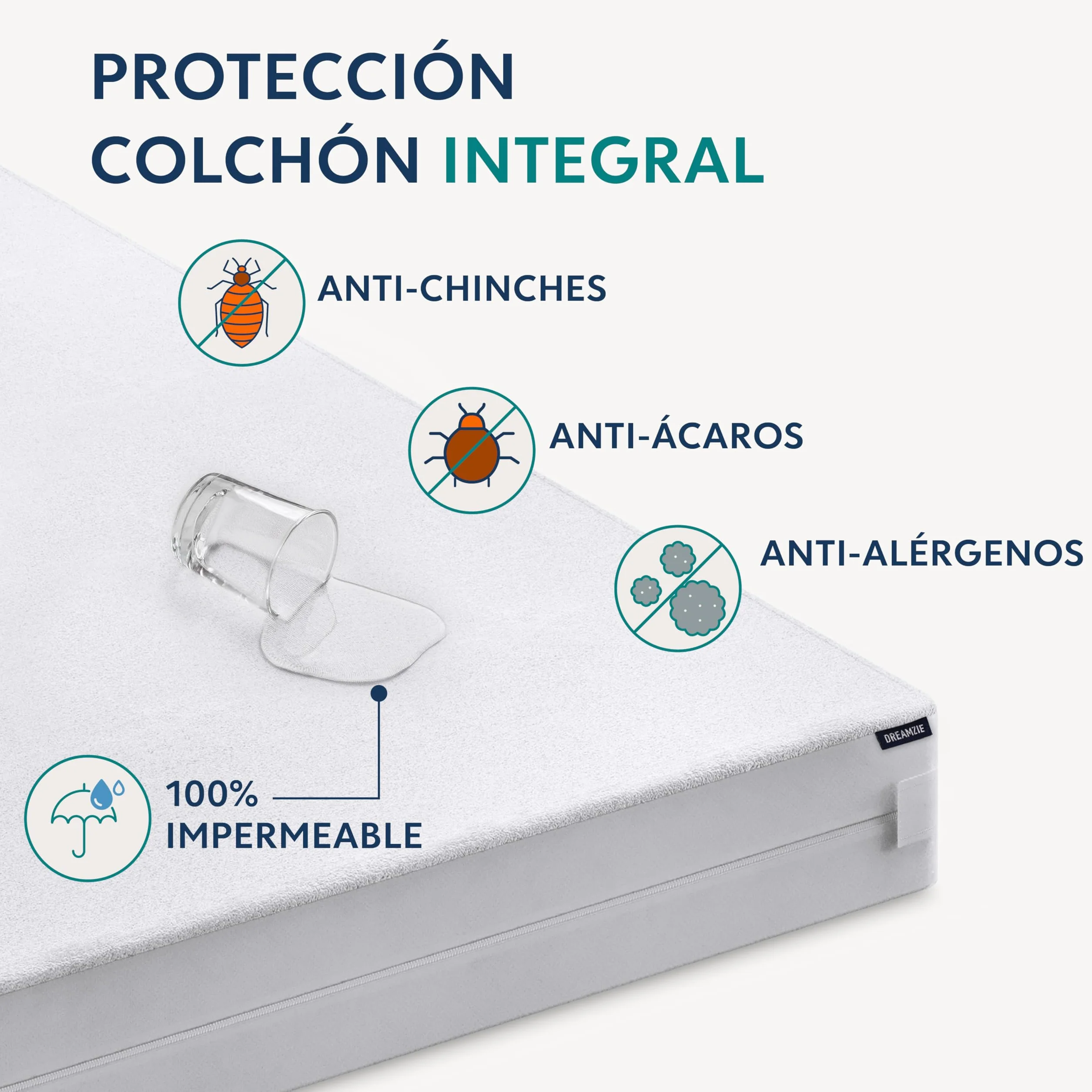 Dreamzie Funda de Colchón con Cremallera 135 x 190 x 25 cm - Protector Colchón Antiácaros 135x190 x 25 cm Antichinches Y Impermeable con Cierre de Cremallera para Alergias, Certificado Oeko-Tex
