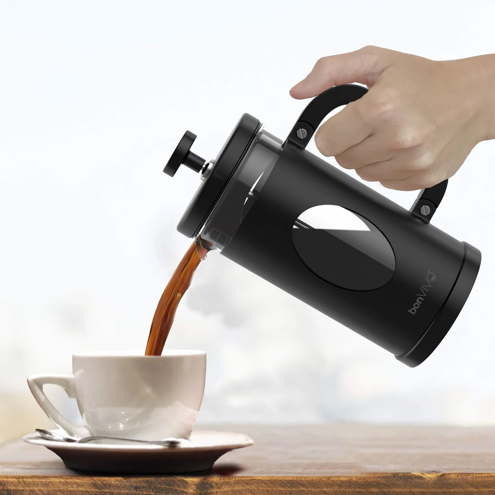bonVIVO Cafetera Francesa 1 Litro (8 Tazas) – Prensa Francesa de Cristal Borosilicato con Filtro de Acero Inoxidable – French Press para Café, Té y Cold Brew – Negro