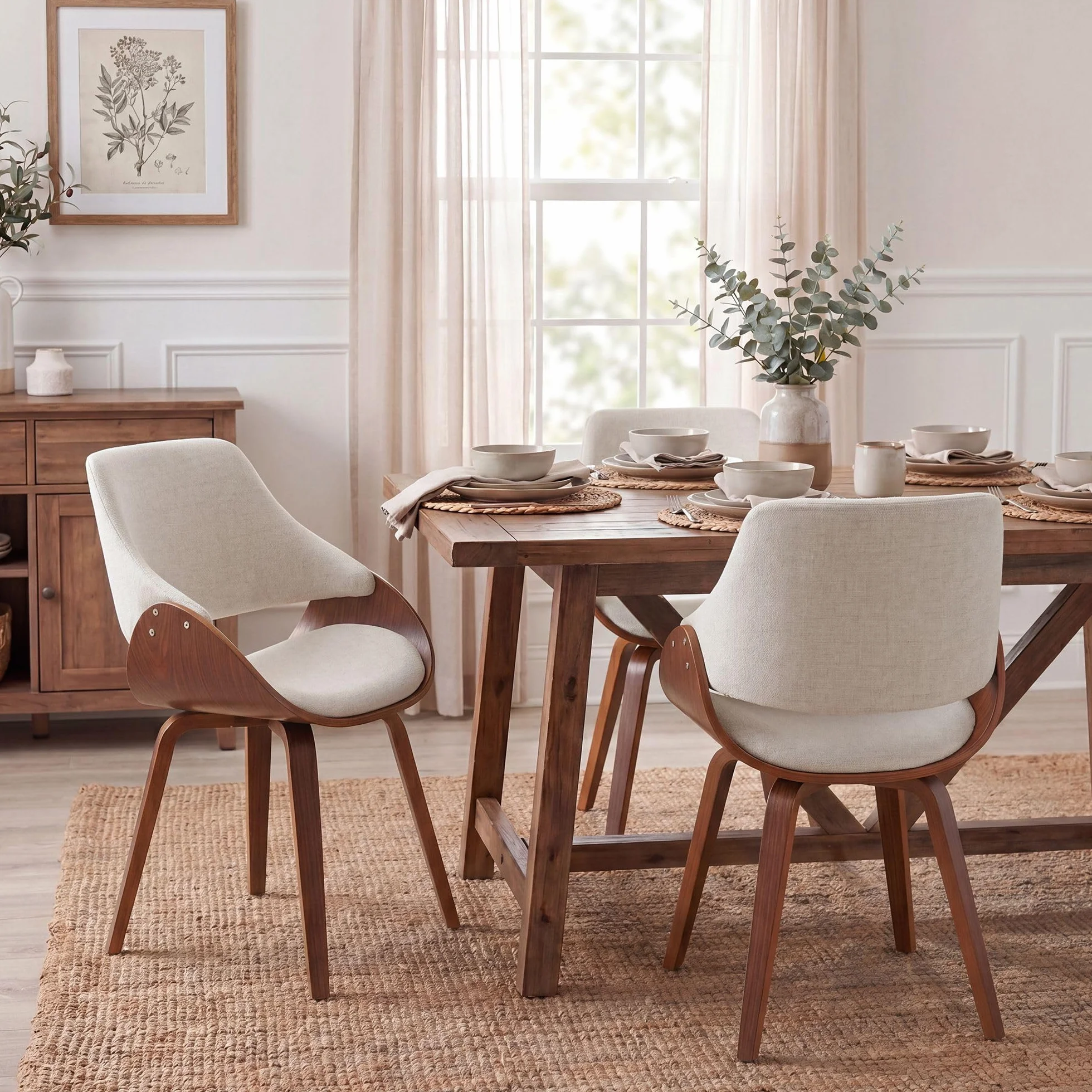 CLP Silla de Comedor Vangale Tapizada con Respaldo, Diseño Moderno con Estructura de Madera Curvada para Salón, Color:Nuez/Crema, Material:Tela
