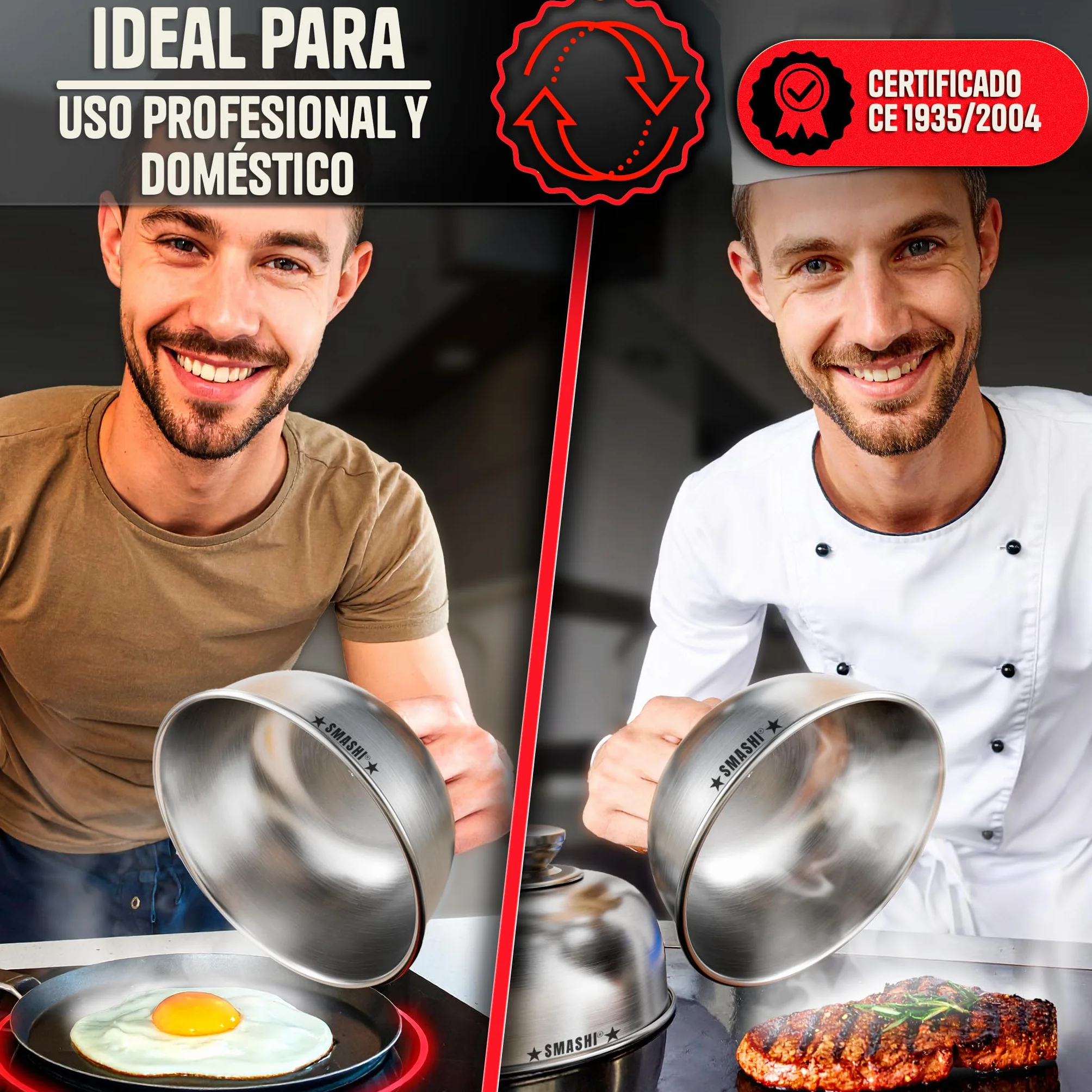 SMASHI® Set de 2 Campanas para Smash Burger – Tapa de Acero Inoxidable 304, Diámetro 16cm