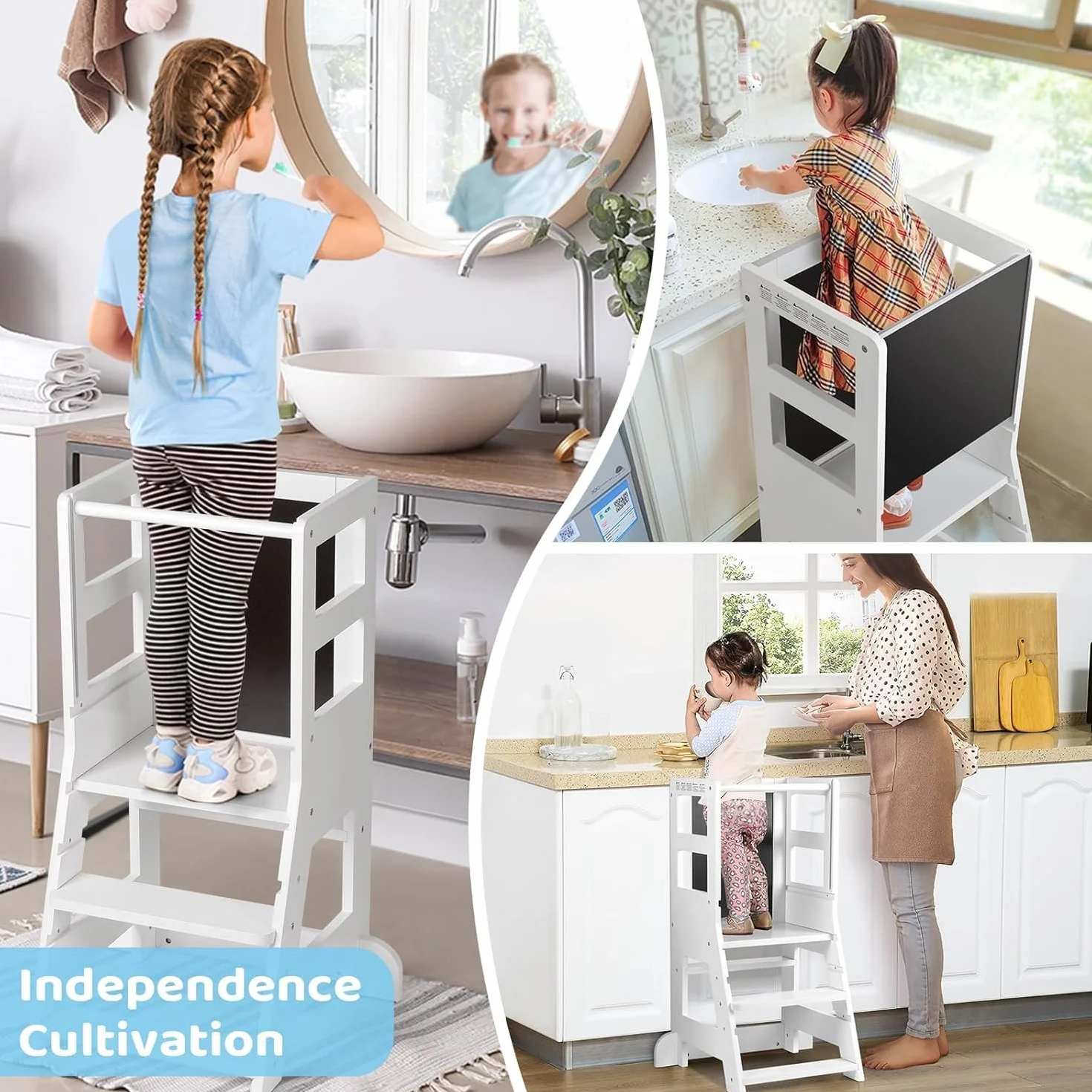 Torre para niños pequeños con planos ajustables de 3 alturas, tablero blanco magnético y negro extraíble