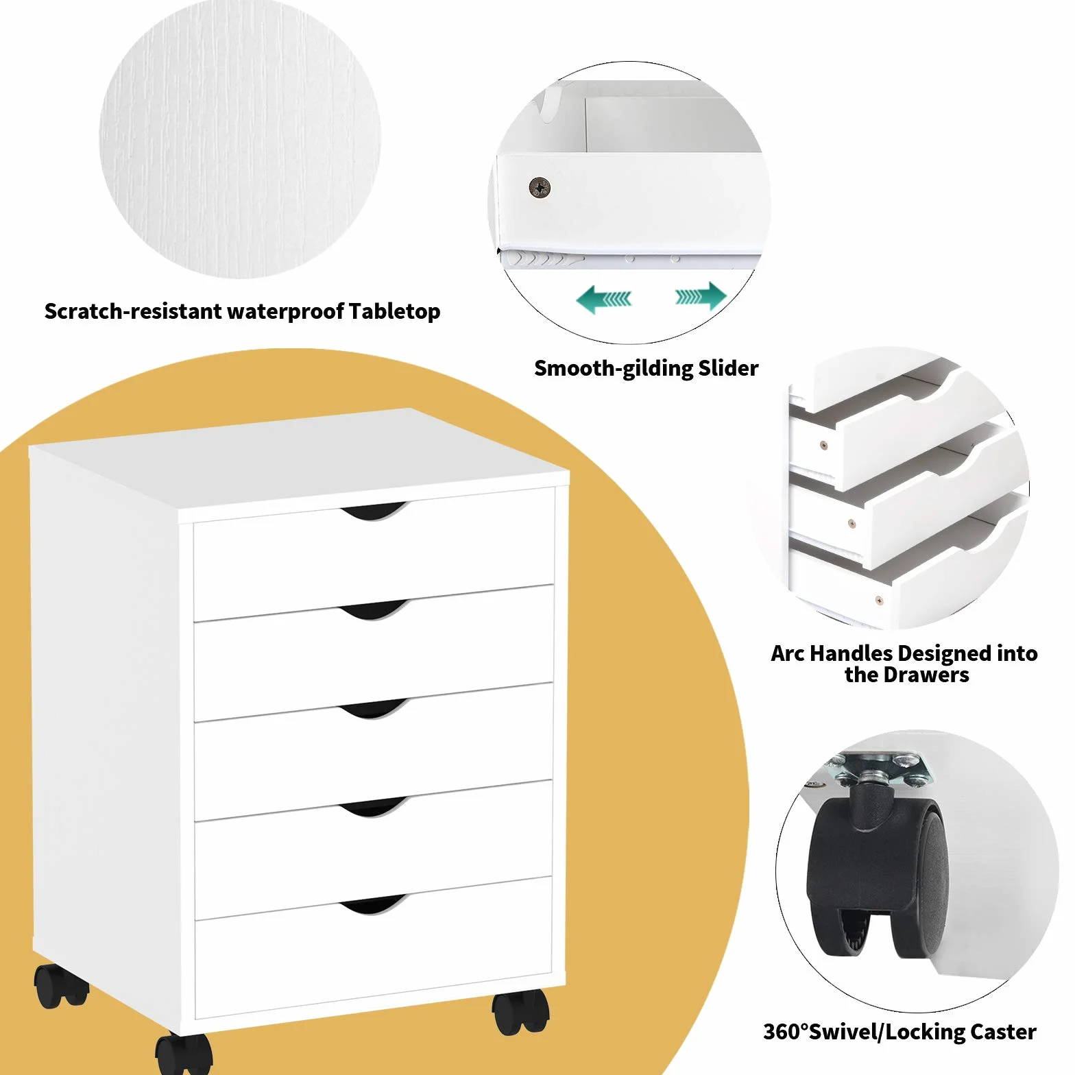 YITAHOME Archivador móvil de 5 cajones, archivador de madera para tamaño A4, documento de tamaño carta, gabinete de almacenamiento debajo del escritorio, archivador vertical portátil, blanco