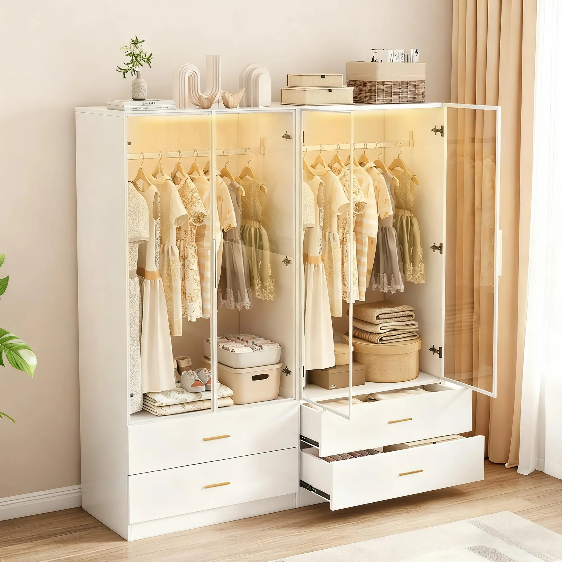 Armario moderno blanco con luz LED y puertas de vidrio 80x50x175 cm MDF