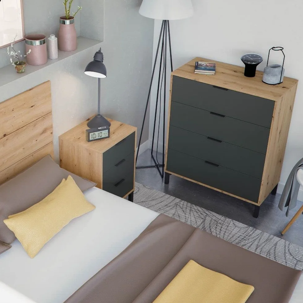 Mobelcenter, Conjunto Dormitorio Matrimonio Enzo, Color Roble Nodi y Gris Antracita, Cabezal para Camas de 135 y 150 cm, 2 Mesitas 3 cajones y Cómoda 4 cajones (1327, 1328)
