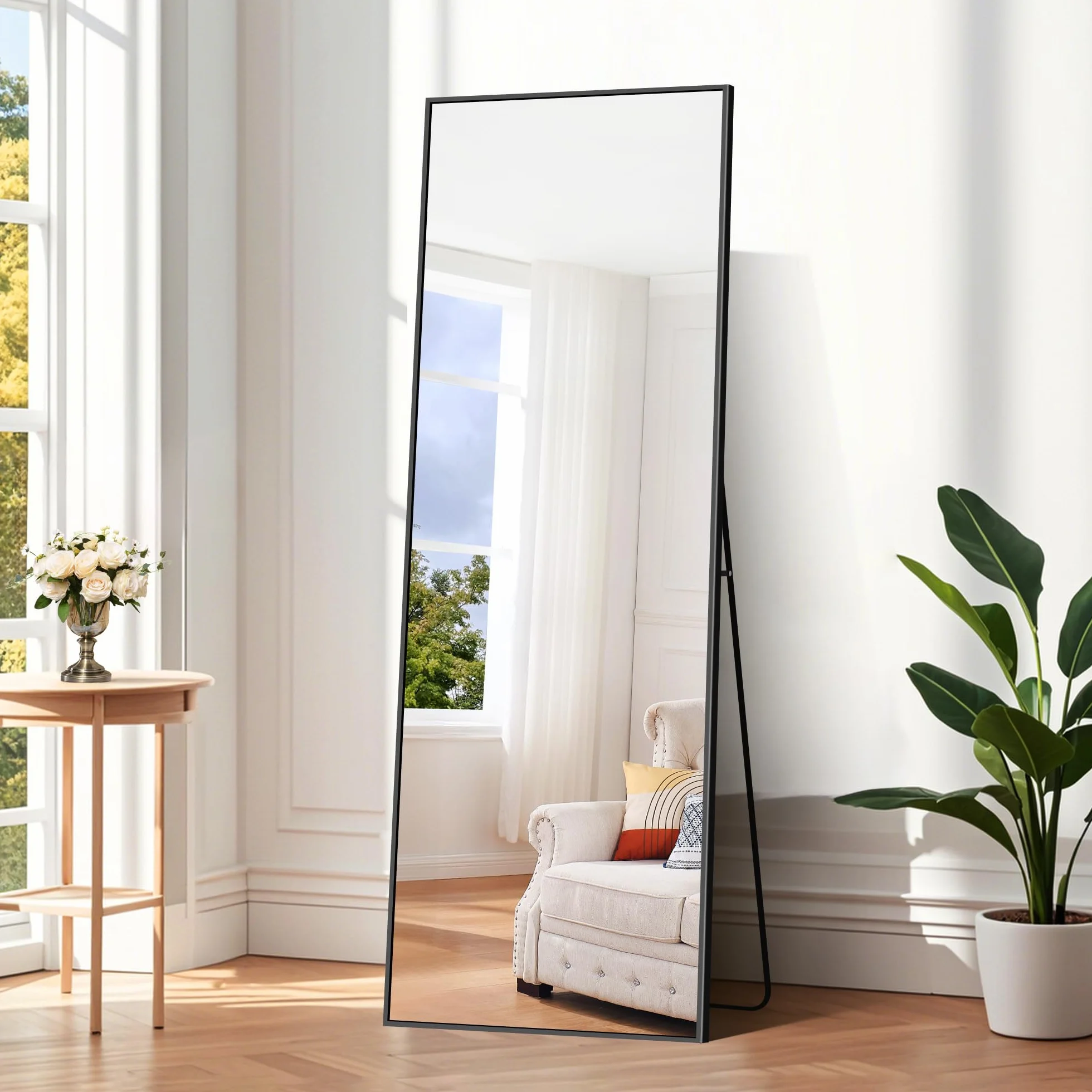 COFENY Espejo de Pie Cuerpo Entero 150 x 40 cm, Espejo Pared con Marco de Aluminio, Espejo de Pie Inclinado o Colgante para Salón, Dormitorio, Entrada, Negro