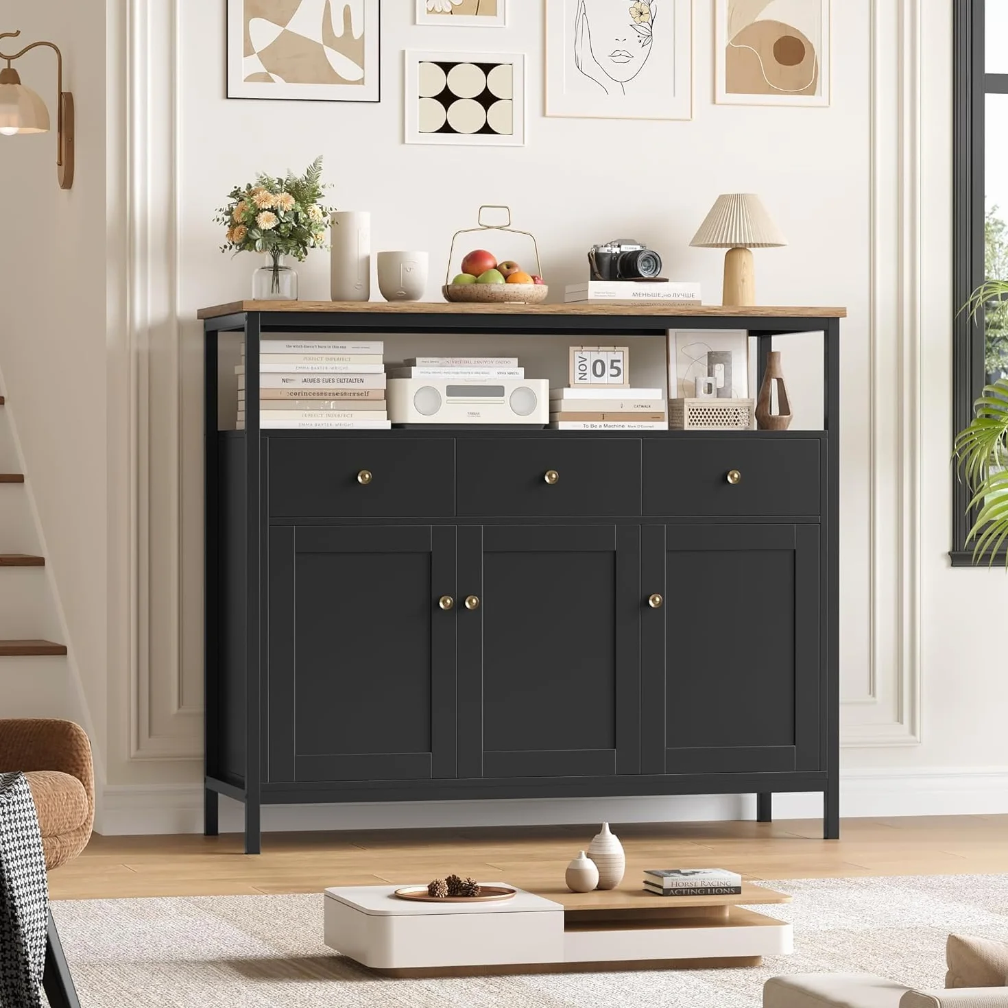 FirFurd Mueble Aparador, Aparador Cocina, Aparador Comedor, Mueble Almacenaje Auxiliar, para Salón, Baño, con 3 cajones y 3 Puertas, Estante Ajustable, 108x38x98,5cm (Negro)