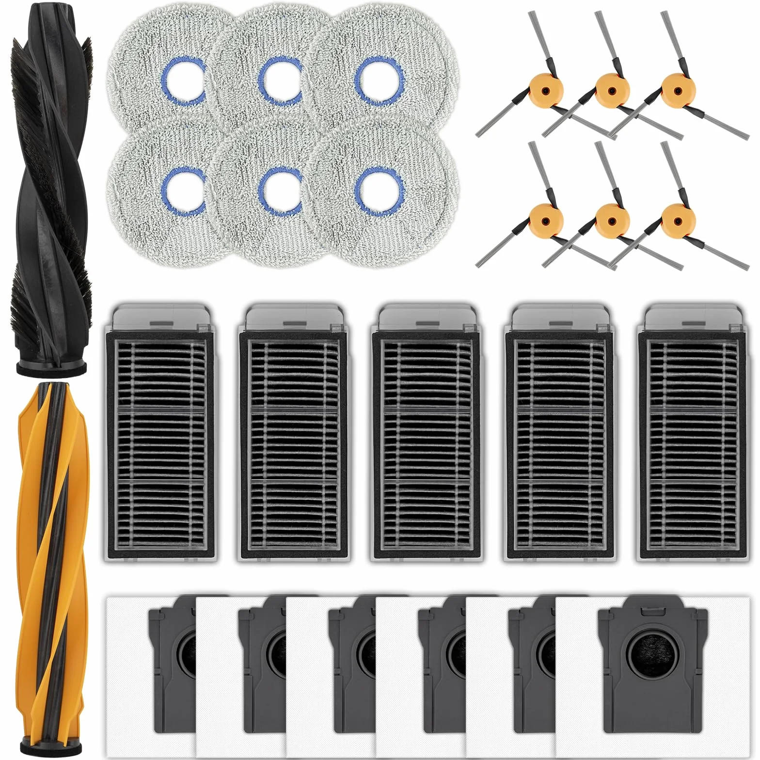 (25 Piezas) Repuestos para aspiradora robot Dreame L60 Pro Ultra, 2 cepillos giratorios, 6 almohadillas de fregado, 5 filtros HEPA, 6 bolsas para el polvo, 6 cepillos laterales, kit de accesorios
