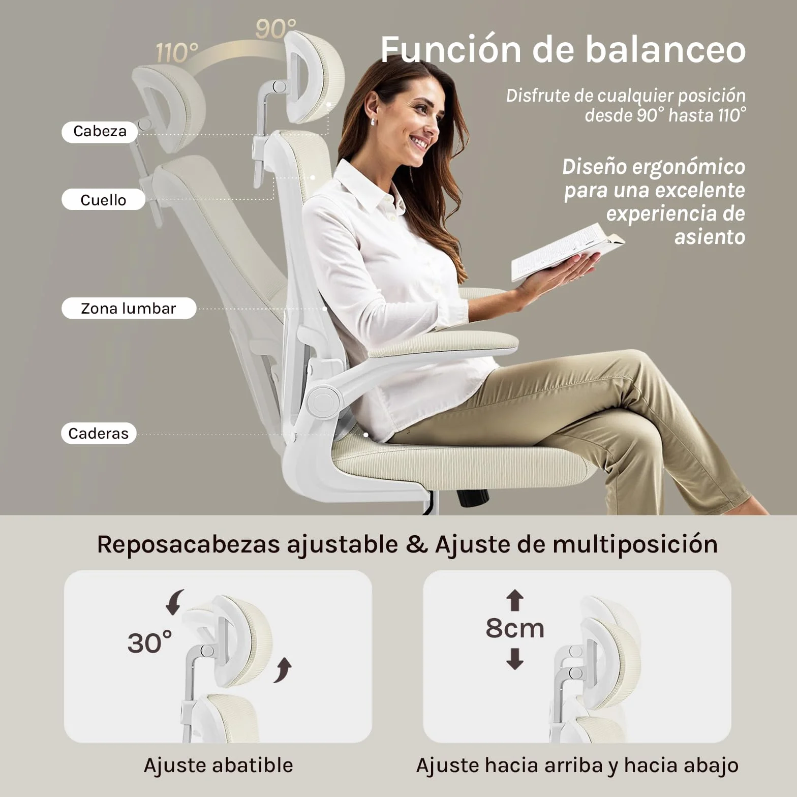 WOLTU Silla Oficina Ergonómica, Sillas Escritorio con Reposabrazos, Reposcabezas y Soporte Lumbar, Respaldo Inclinable de Tela Malla, Beige