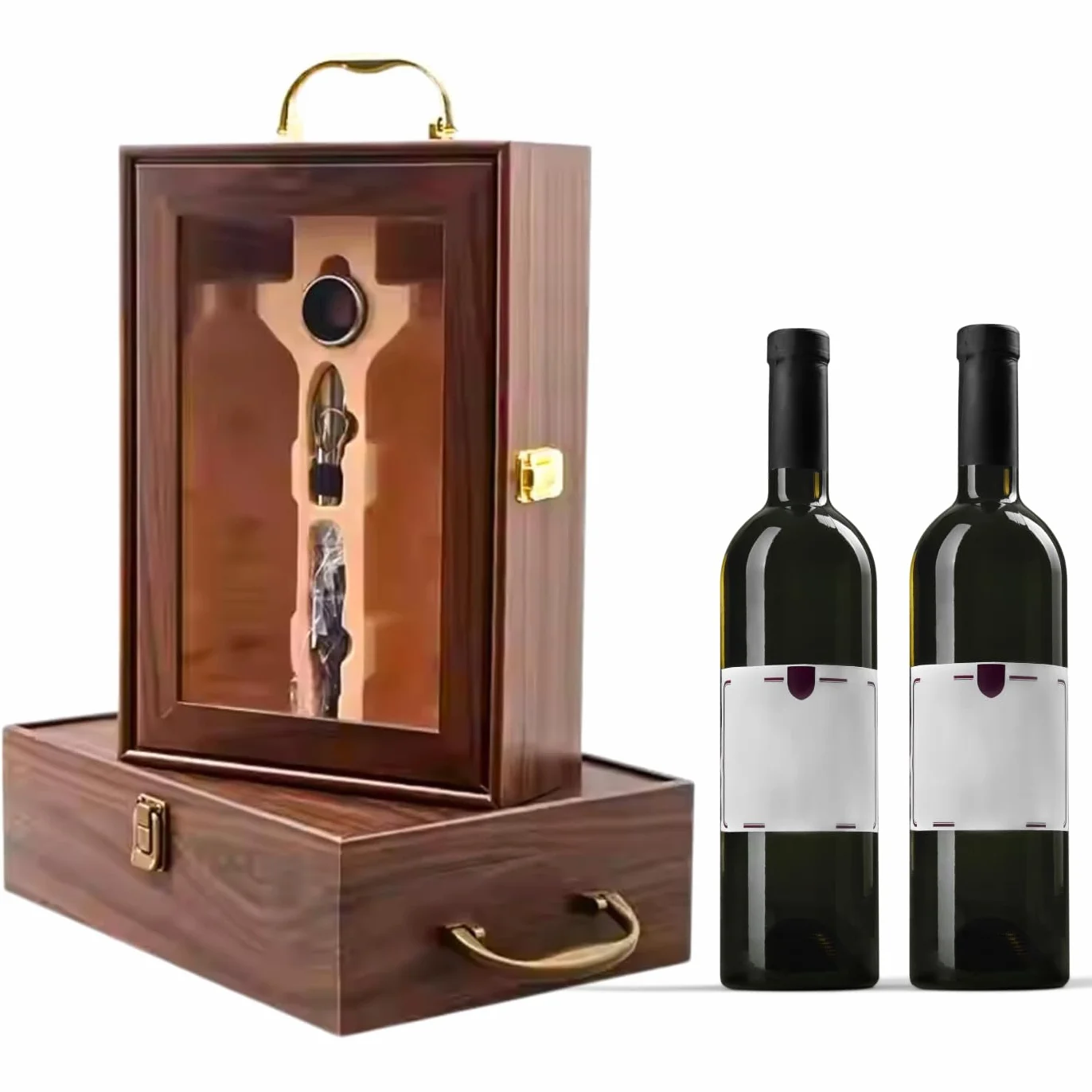 Caja de regalo para botella de vino, caja de exhibición de lujo para almacenamiento de vino, champán o whisky con herramientas, tornillo de corcho, vertedor, servilleta/anillo de goteo, vino