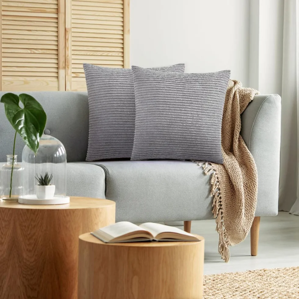 Fundas Cojines 45x45cm 2Pz Gris Claro Pana Suave Decorativas Modernas para Sofá