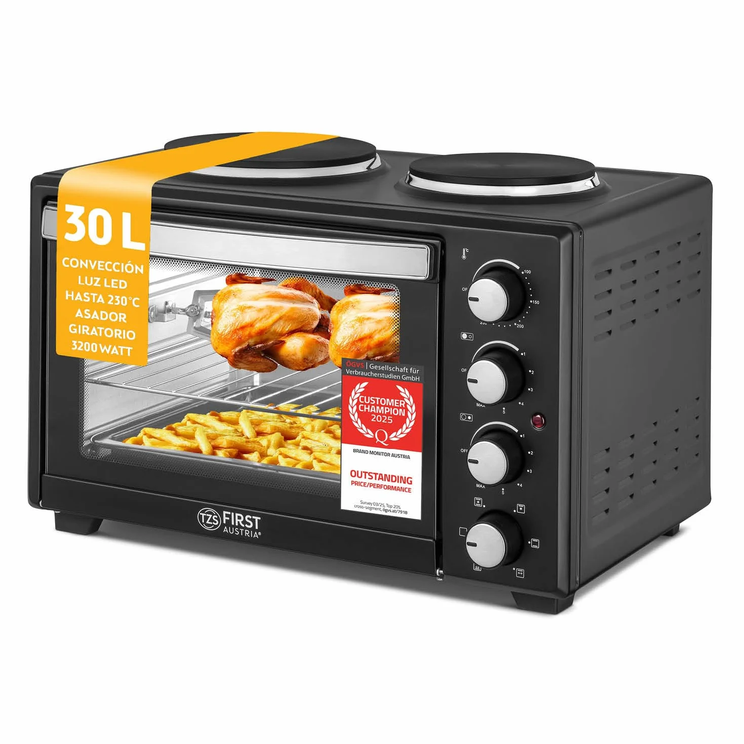 TZS First Austria Mini Horno 30L 3200W con Quemadores para Pizza 230°C 6 Modos