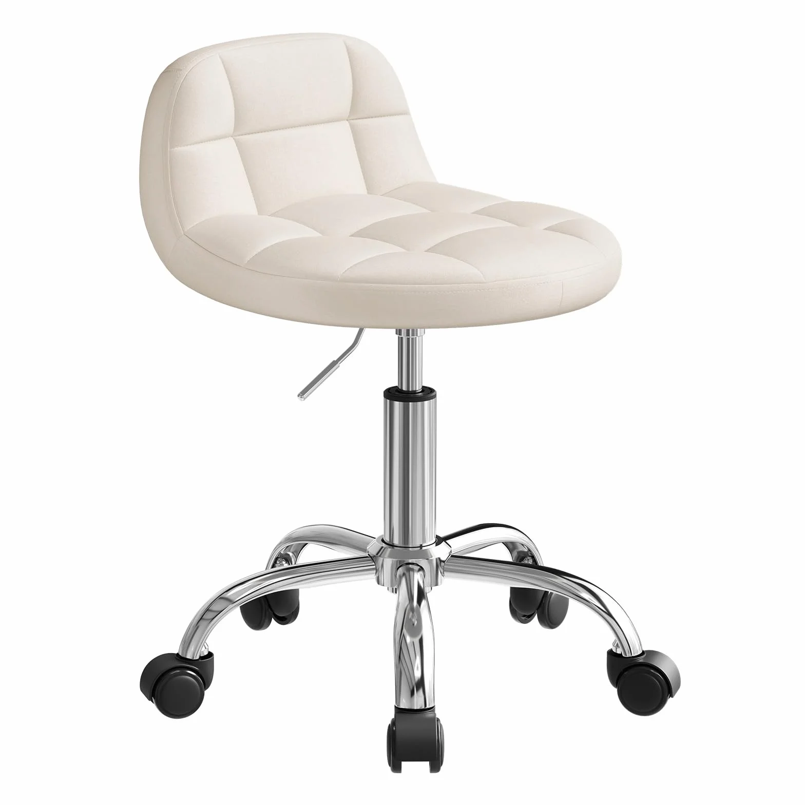 WOLTU Silla de Tocador Terciopelo, Taburete Giratorio con Respaldo Bajo, Altura Regulable 43,5-55 cm, Estructura Metálica Crema