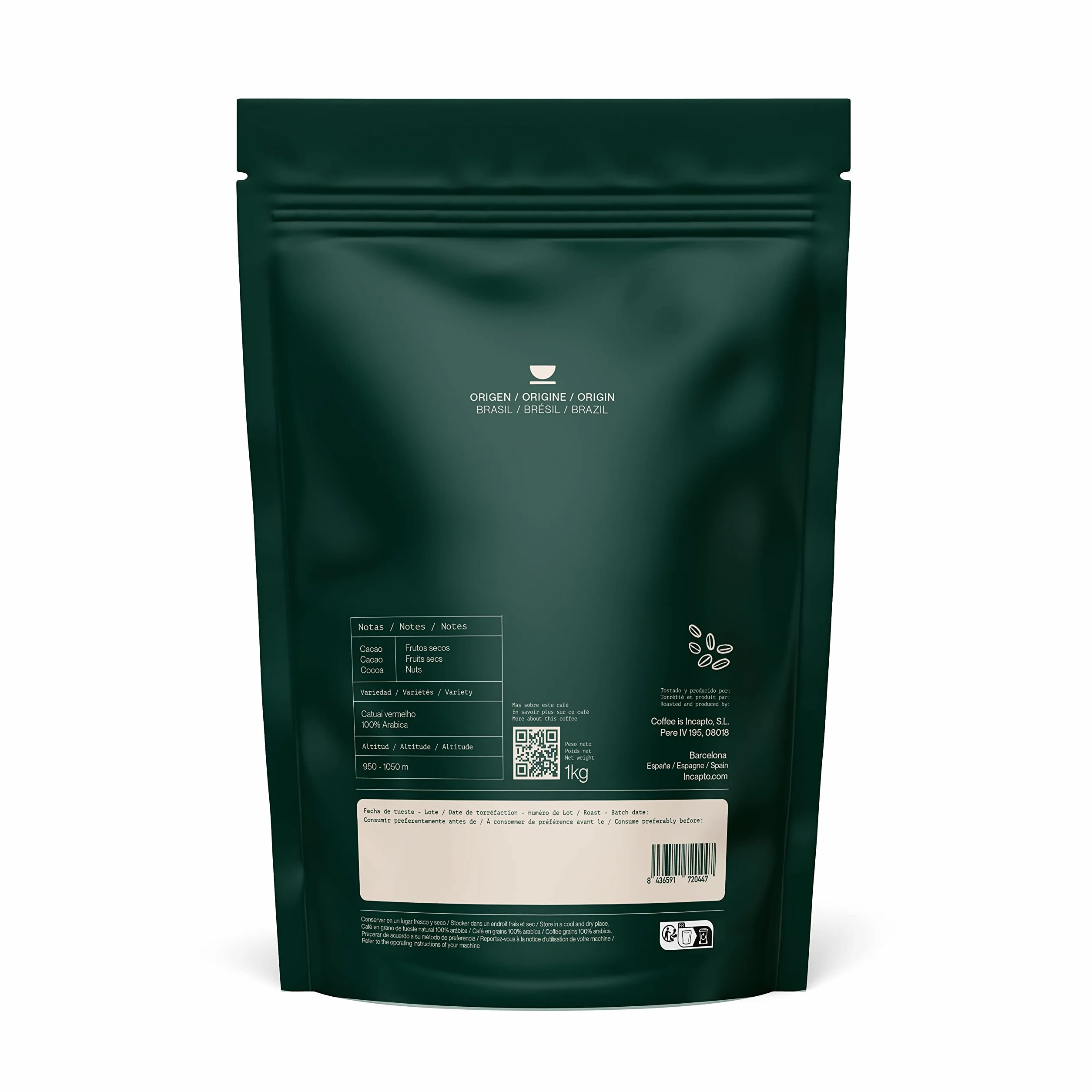 Incapto Café en Grano de Especialidad 1kg Brasil 100% Arábica Specialty Coffee 84 puntos SCA Tueste Natural Artesanal