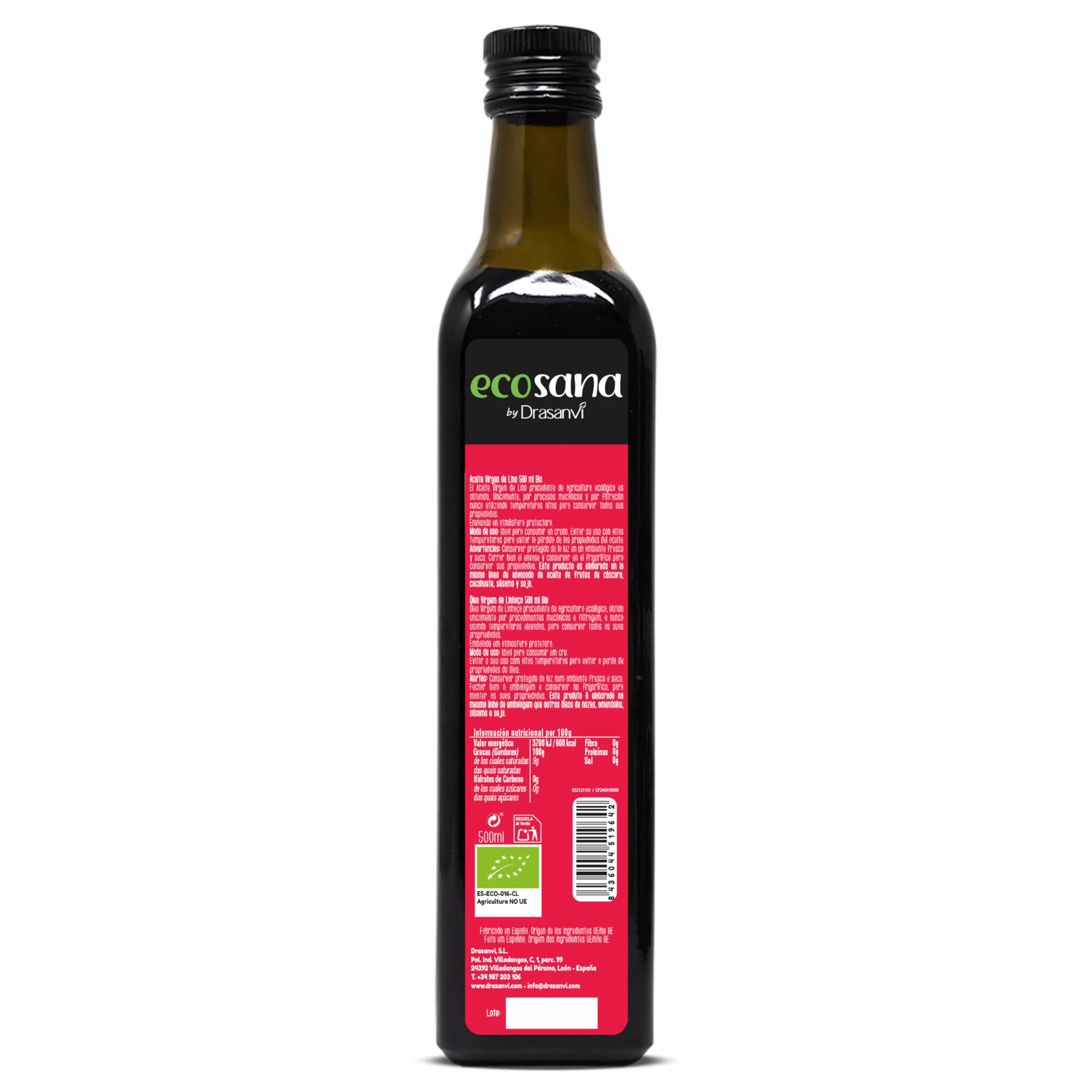 DRASANVI ECOSANA Aceite de Lino Bio 500 ml Omega 3 6 9 Laxante Natural Fitoestrogenos Protección Cardiovascular