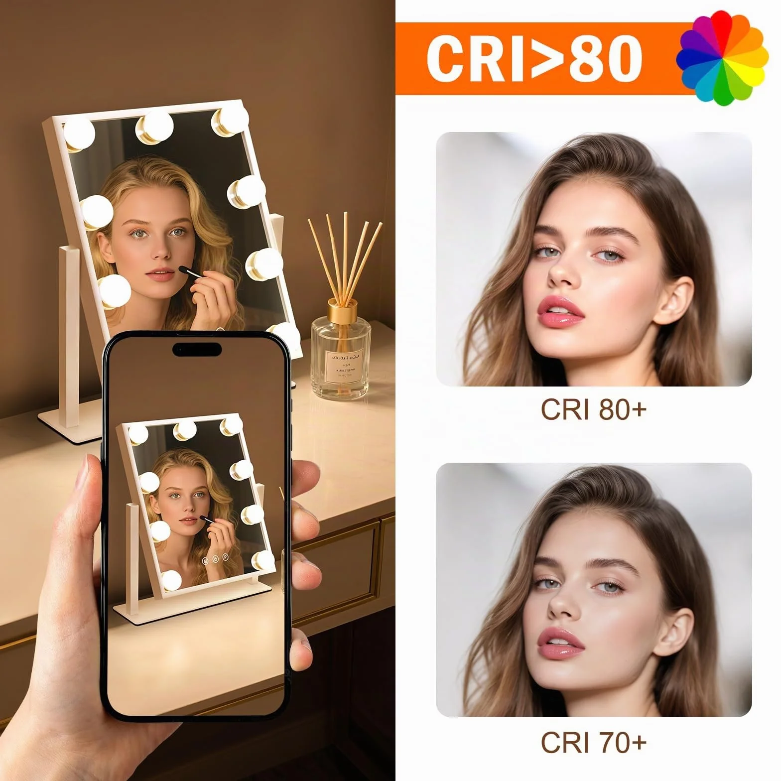 Espejo de Maquillaje Hollywood con LED 9, 360° Rotación, 3 Modos, Regulable