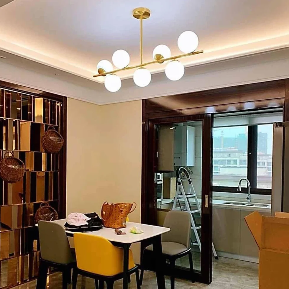 Lámparas de araña Doradas Modernas de 7 Luces Lámpara Colgante de Mediados de Siglo con Globos de Vidrio Esmerilado Blanco E27 Lámpara Colgante de Techo para Isla de Cocina Comedor Sala de Estar Dor