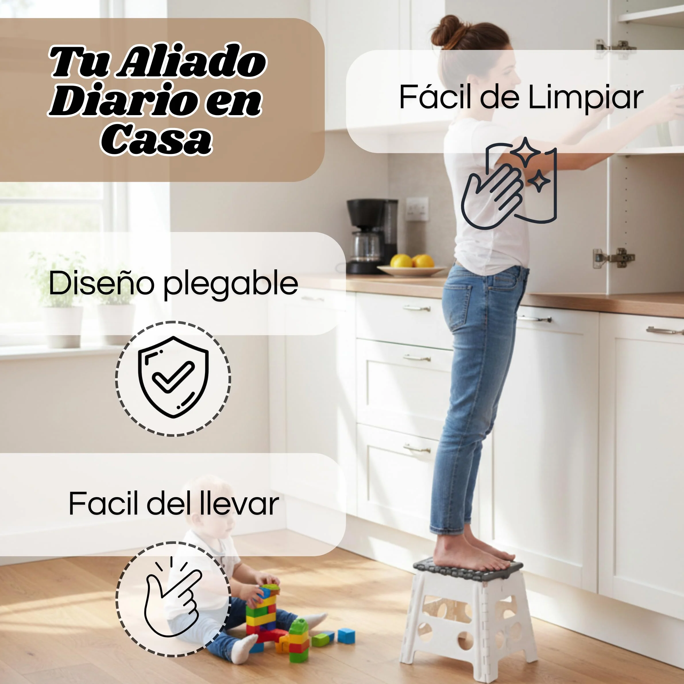 Taburete Plegable Multiusos Portátil | Plástico Ultrarresistente | Soporta 120 kg, Blanco/Gris, Blanco/Rojo, Blanco/Azul, Negro/Gris (Blanco-con-Tapa-Gris, 32cm-29cm-22cm)