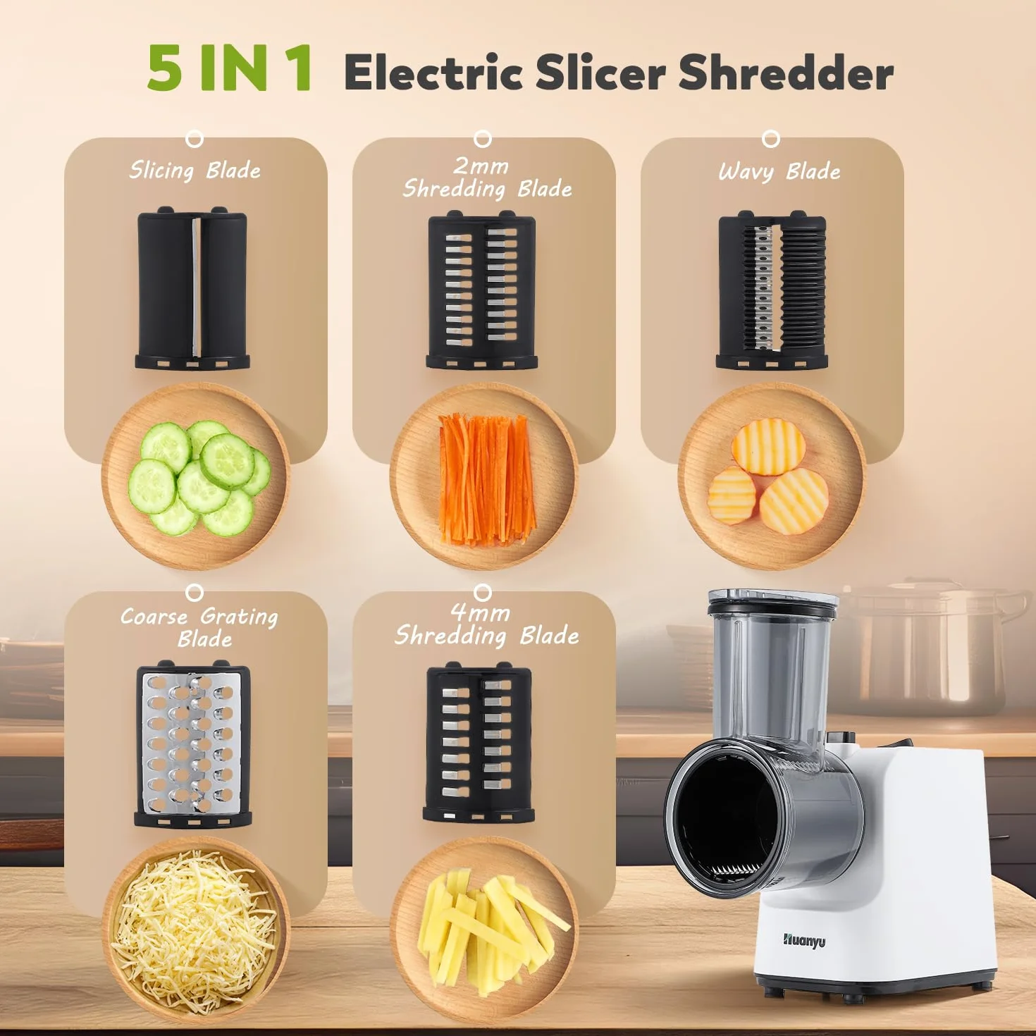 Huanyu Rallador Eléctrico Multifuncional 250W Cortador Verduras 5 Cuchillas Preparador Ensaladas Picador Carne