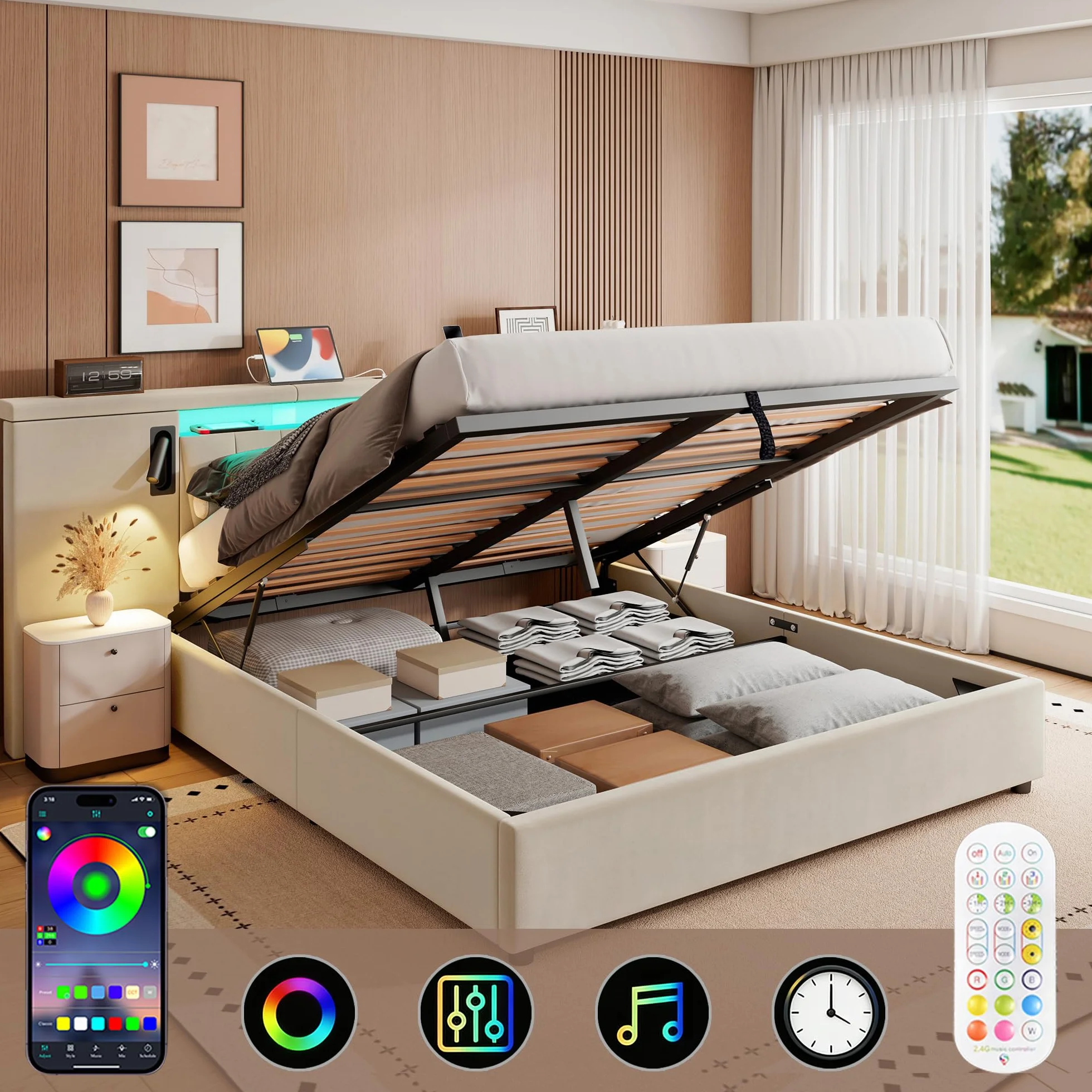 Cama 180x200 Camas Matrimoniales con Almacenaje, Cama Matrimonio con LED y Cabecero, Cama Canape con USB y lámpara de Lectura, Estructura Cama Doble con Somier, Sin Colchón, Terciopelo Beige