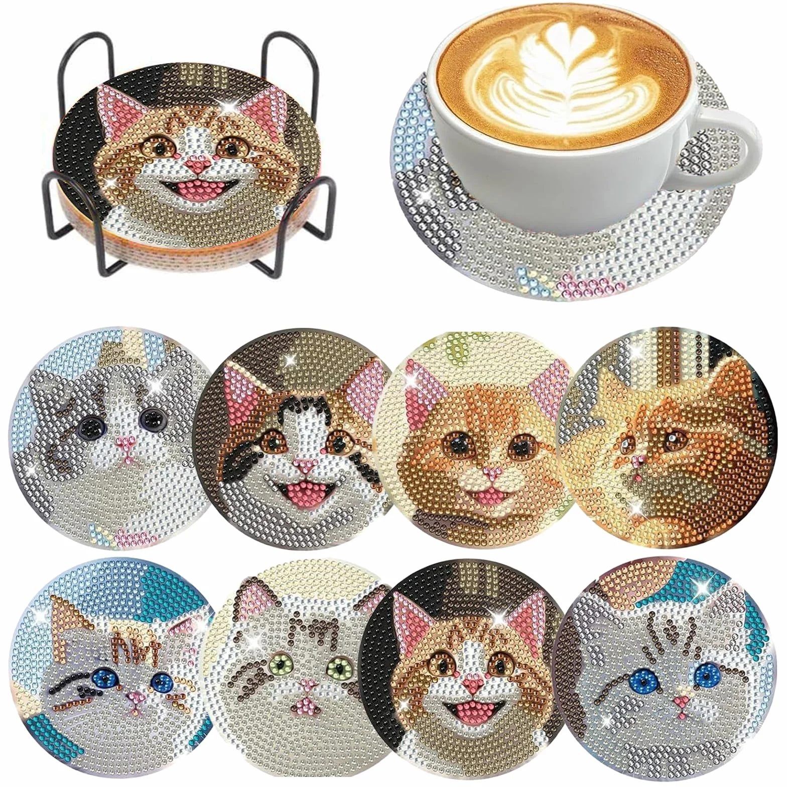 8 Piezas Posavasos de Pintura Diamantes Gato con Soporte Antideslizante Juego de Manualidades para Adultos