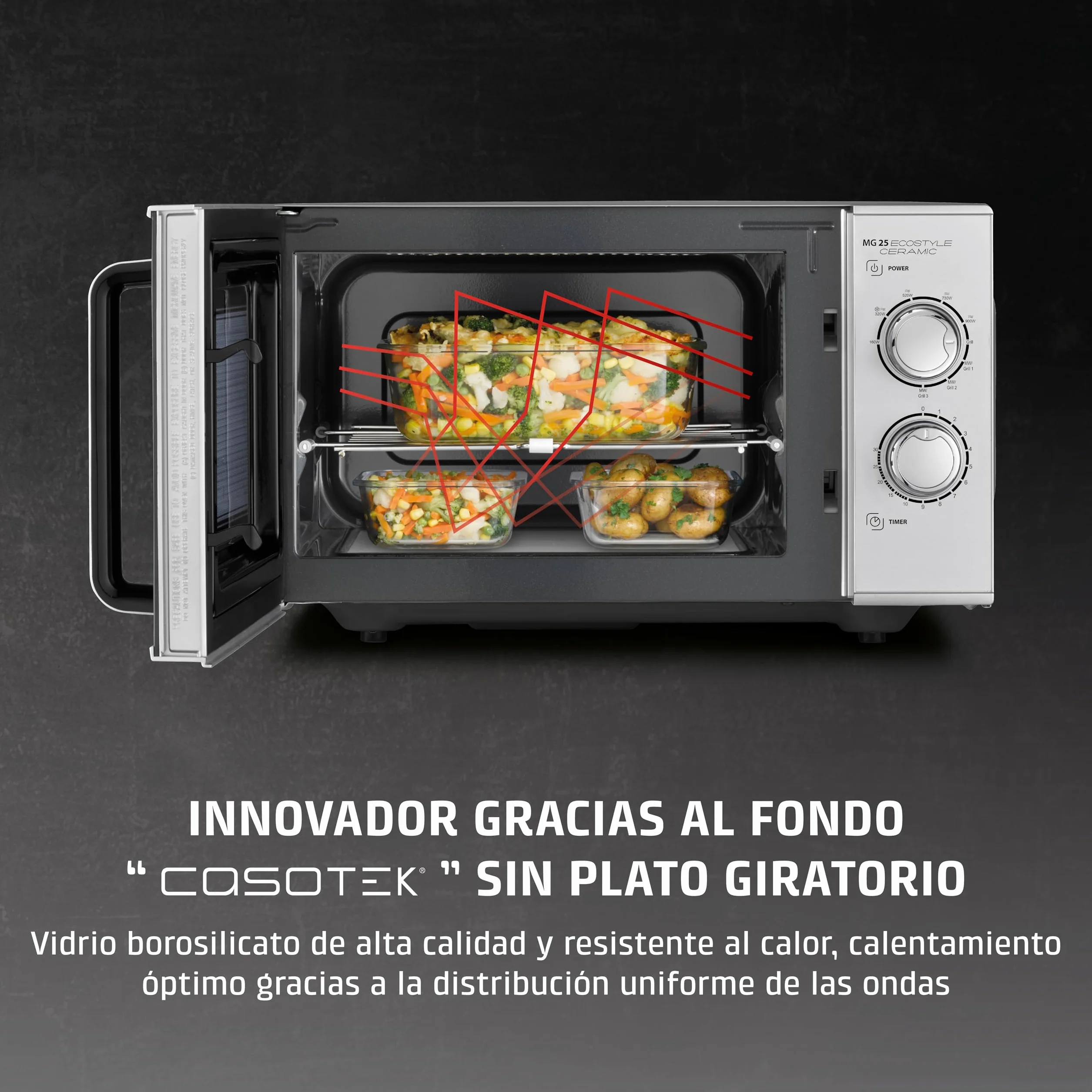 CASO MG 25 Ecosytle Ceramic - Microondas 2 en 1 sin plato giratorio con grill de 1000W - Capacidad de 25L - Temporizador hasta 30 mins - grande - plateado