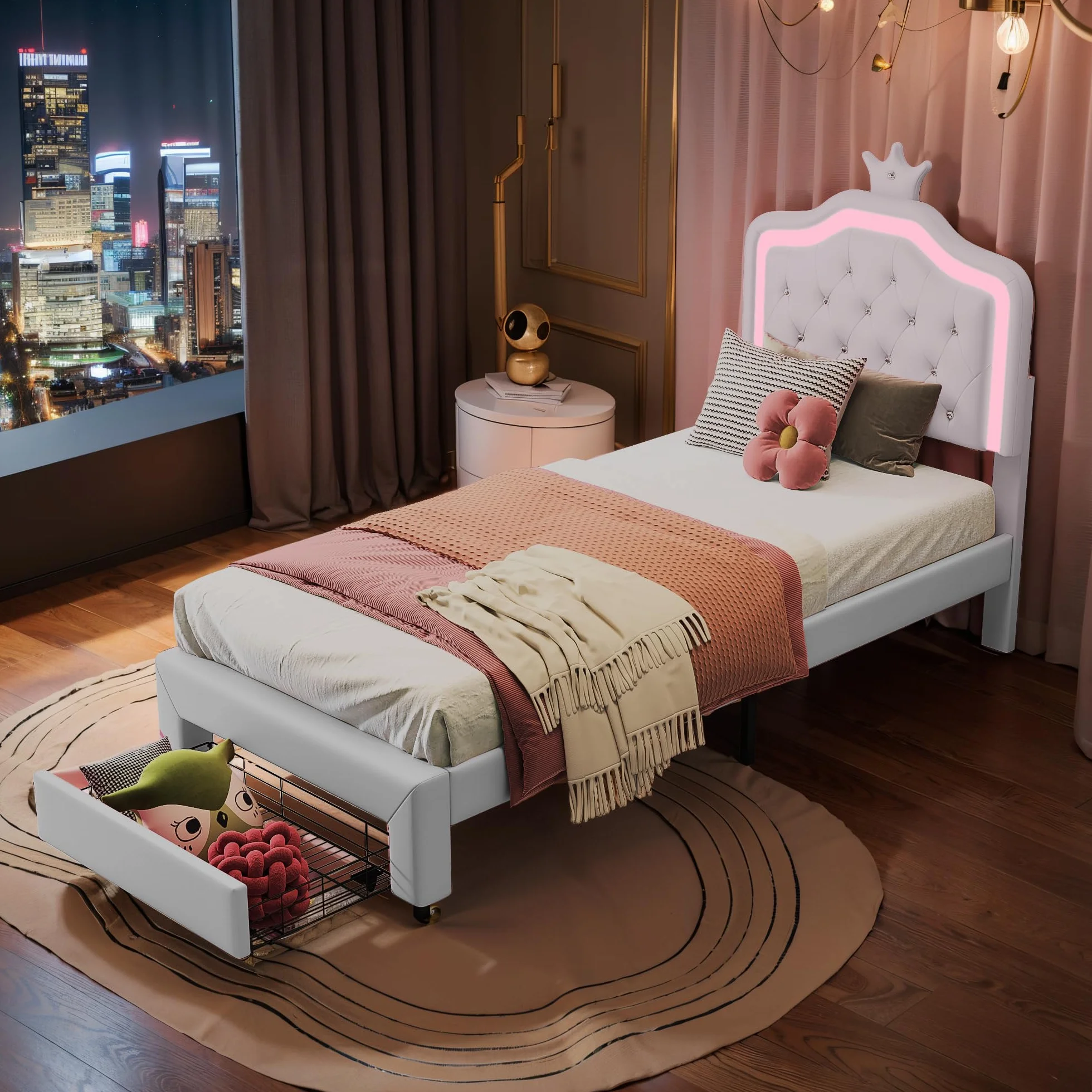 Cama Infantil 90x200 cm, Cama de Princesa con cabecero LED Corona, Camas Individuales Acolchadas con Somier de Láminas, Estructura de Cama para Niña con cajón, Camas de 1 Plaza para Niña