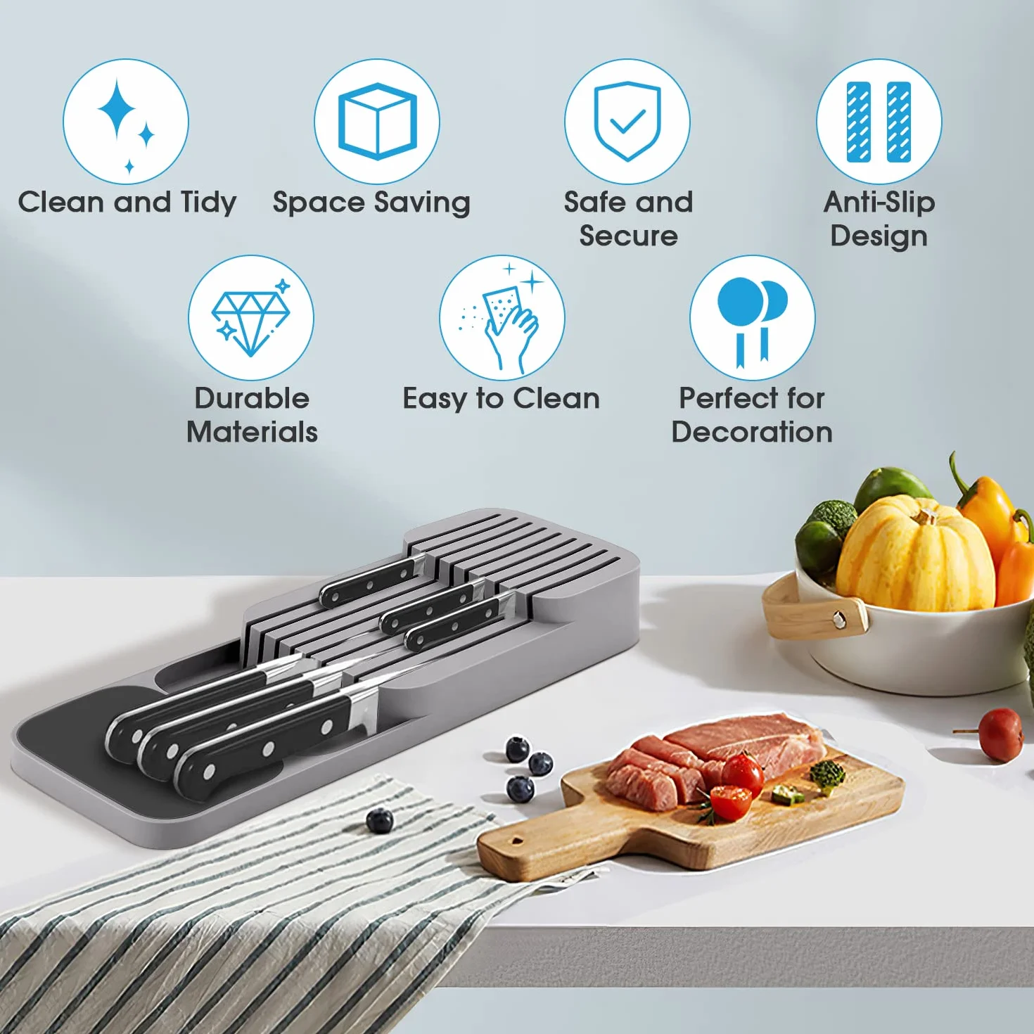 Mejorado Organizador de Cuchillos para Cajón, 2 Niveles Portacuchillos de Cocina apto para 9 Cuchillos, Extraíble y Antideslizante, Bloque de Cuchillos de Cocina con Ranura para Cuchillos, Gris