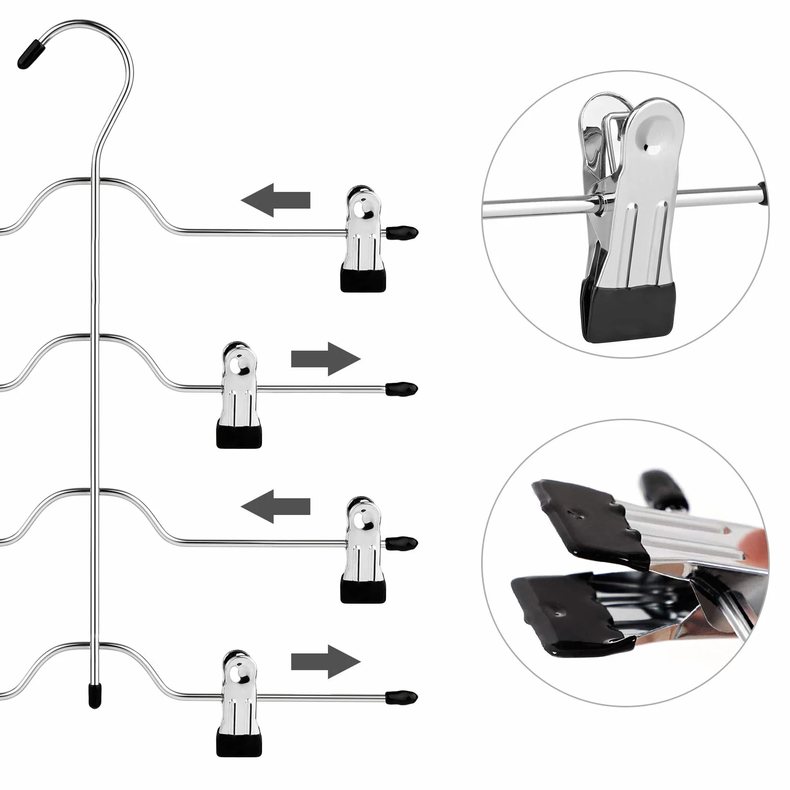 SONGMICS Perchas para Falda con Clips, Juego de 3, Metal de 4 Capas, con 8 Pinzas Ajustables Antideslizantes, para Pantalones, Vaqueros, Toallas, Cortos, 32 cm, Color Plata y Negro CRI042BK