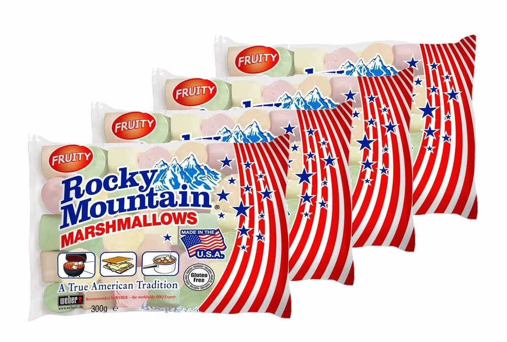Rocky Mountain Marshmallows Fruity 4x300g, dulces tradicionales americanos para asar