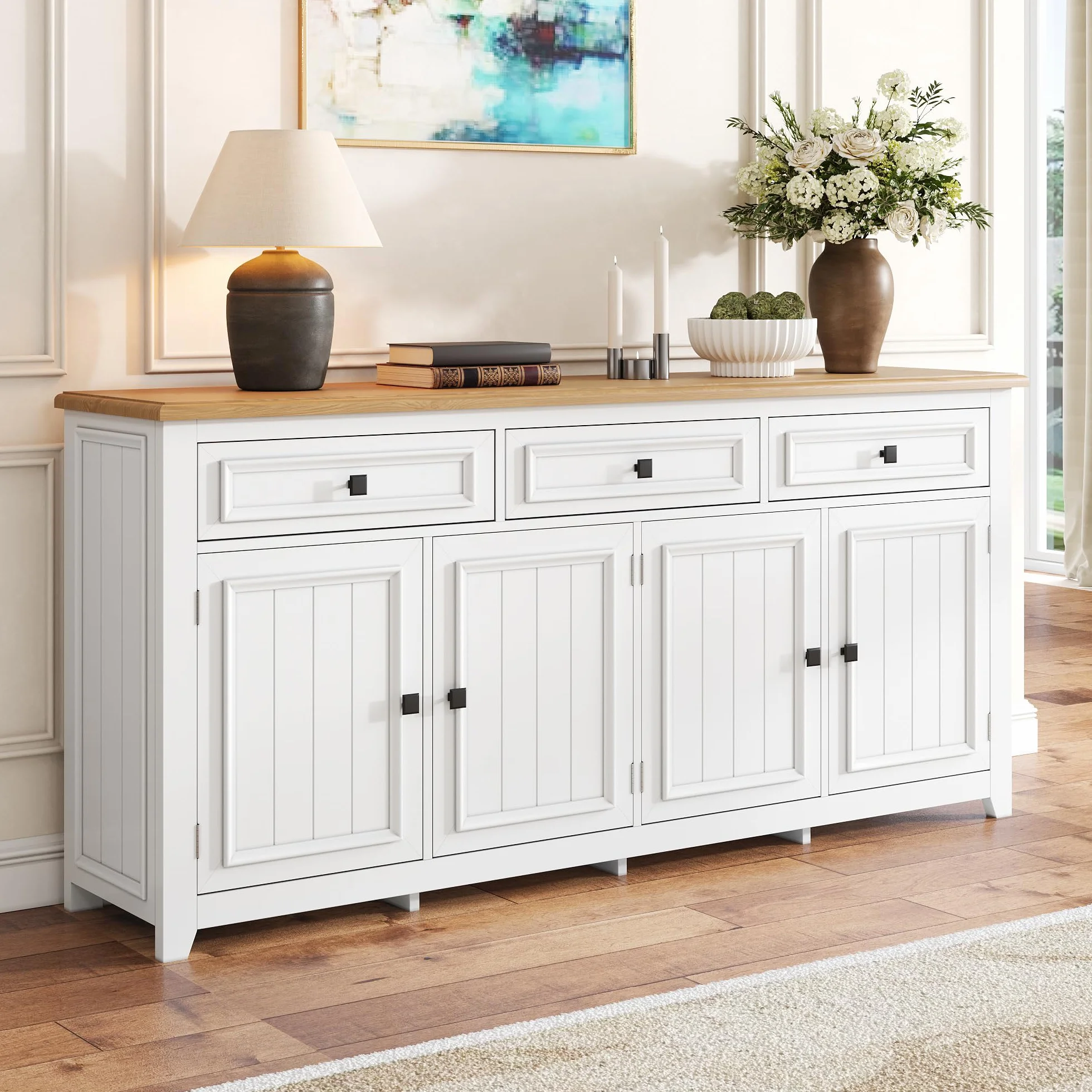 Aparador Cocina, Aparador para Salon con Separadores Ajustables, Buffet Comedor con 3 Cajones y 4 Puertas, Modern Mueble Auxiliar Cocina de Entrada para Dormitorio y Salón, 160x35x76cm (Blanco)