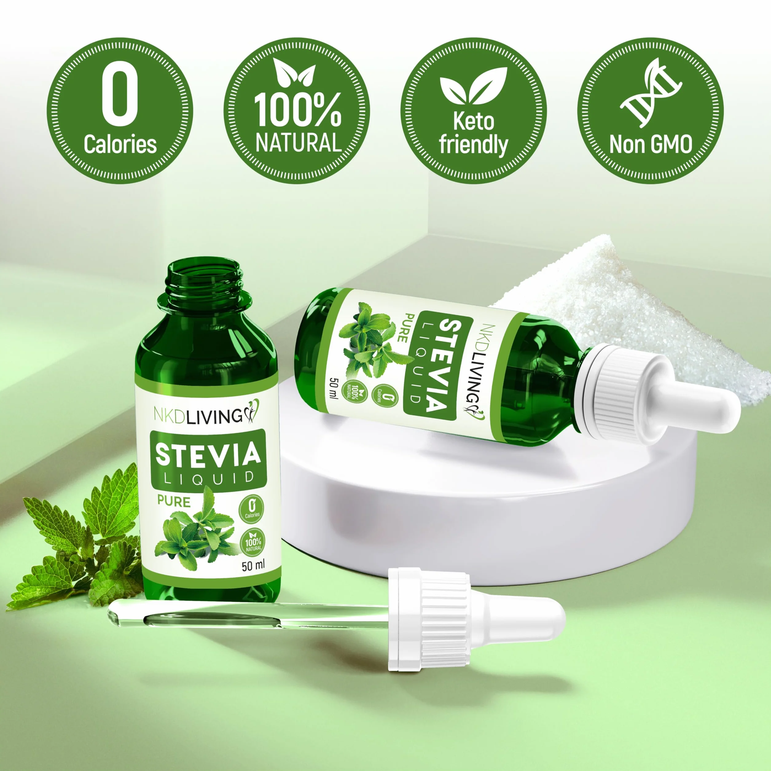 Gotas líquidas de estevia pura 50 ml - Sin potenciador de sabor - Incluye botella con gotero