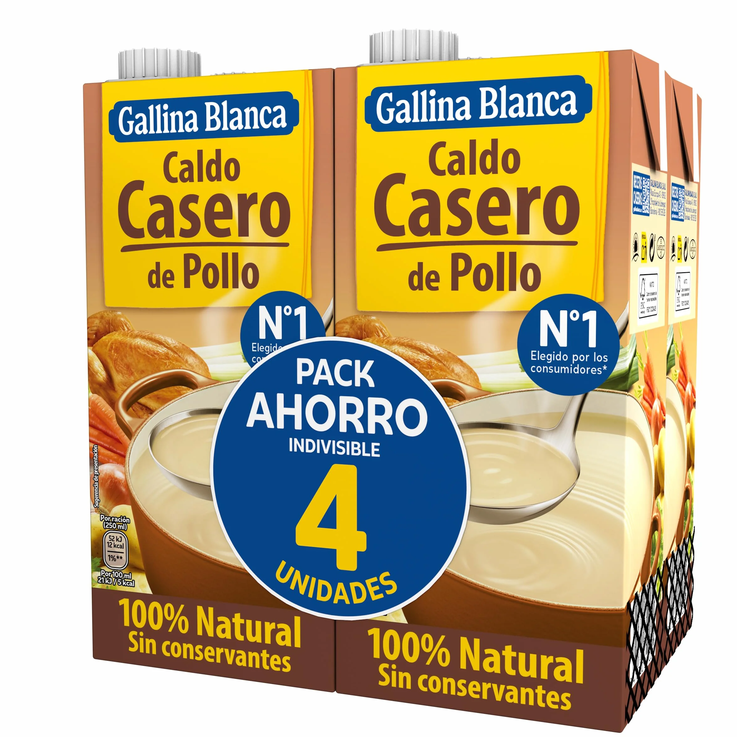 Gallina Blanca Caldo Casero de Pollo 100% Natural 1L Paquete de 4