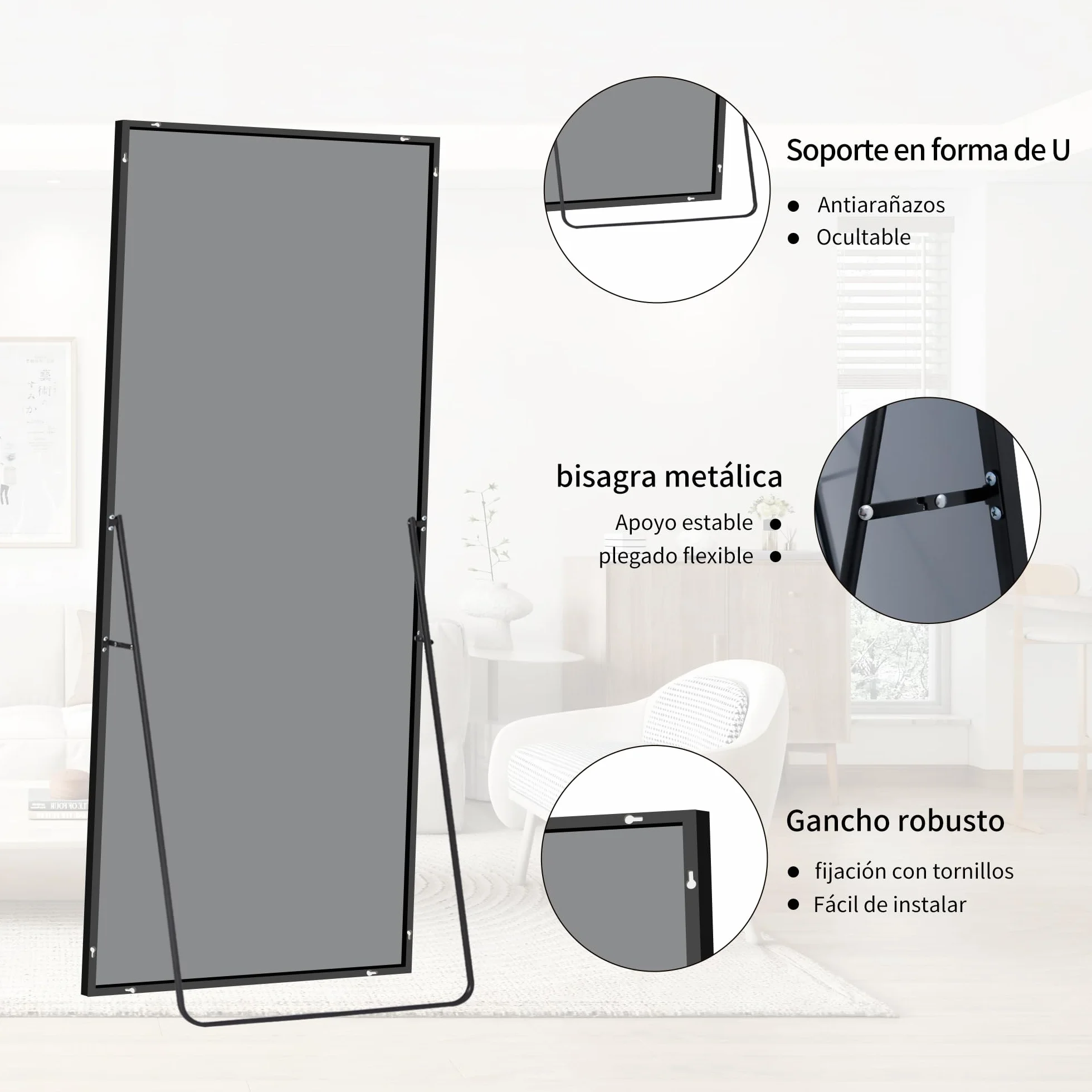 BONEWEI Espejo de Pie 165 x 60 cm, Espejo Rectángulo de Cuerpo Entero con Marco de Aluminio Negro, Espejos Grandes de Pared Inclinado o Colgante para Salón, Dormitorio, Entrada