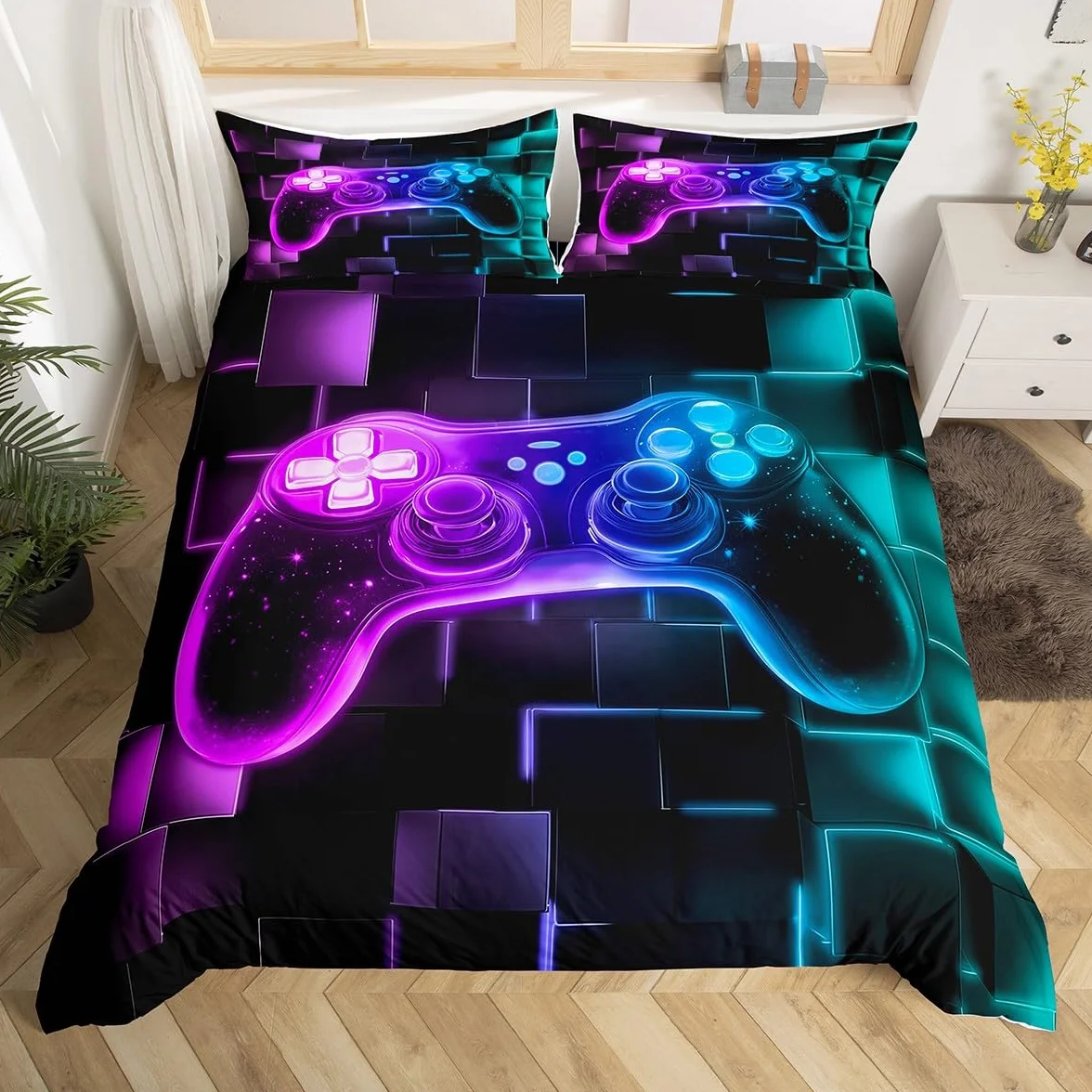 Homewish - Juego de funda nórdica infantil de 200 x 200 juegos, juego de cama para adolescentes, juegos de funda nórdica, diseño de galaxia, mando de videojuegos, cubrecama, cuadrícula geométrica