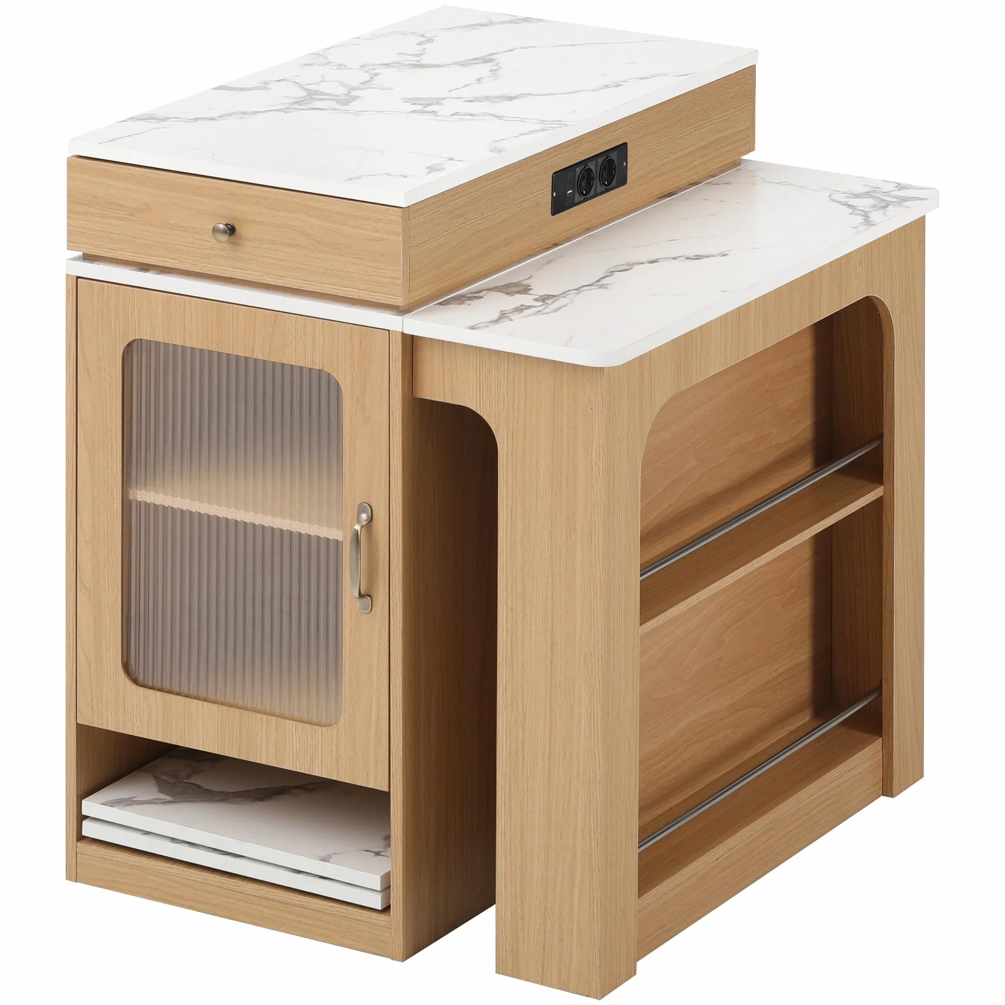 Kebnor Isla de Cocina con Ruedas, Mesa de Comedor Extensible con Tablero Desmontable, Mesa de Bar con Regletas de Enchufes, Sirve como Aparador o Alacena para Cocina y Sala