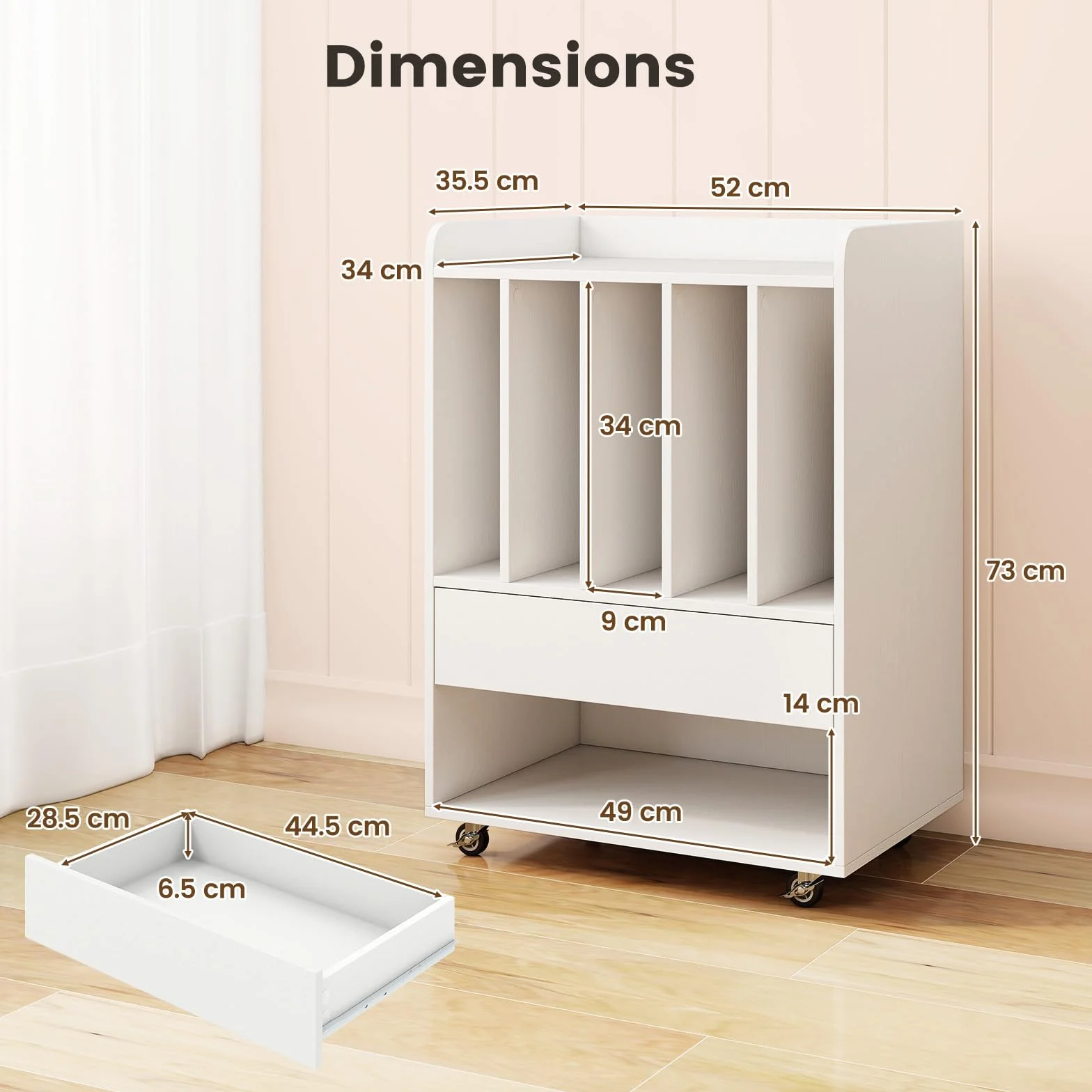 KOMFOTTEU Soporte para Tocadiscos con Ruedas, Mesa Auxiliar, 5 Compartimentos, Cajón, Estante Inferior, Ganchos, Armario de Almacenamiento, 52 x 35,5 x 73 cm, Blanco