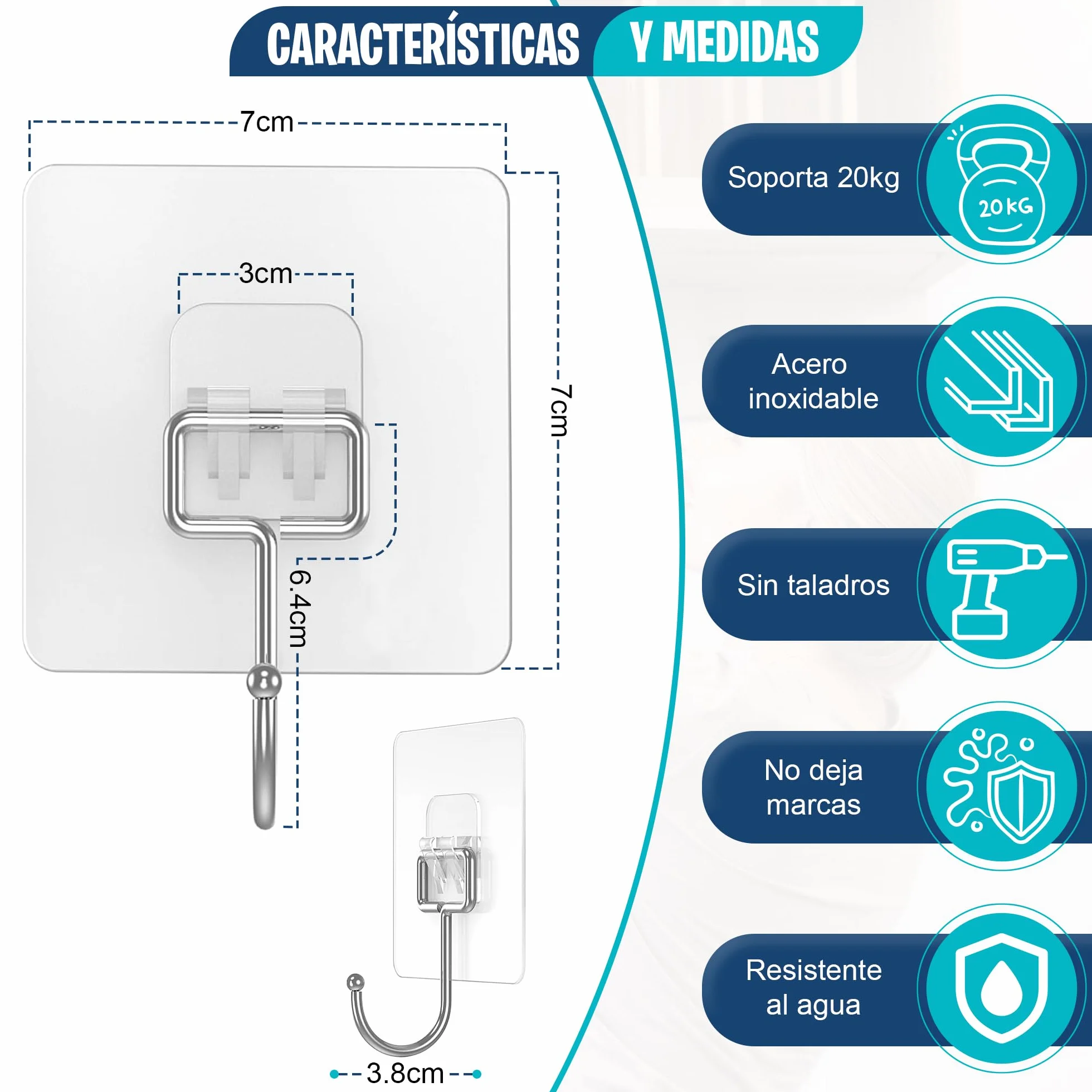 12 Ganchos Adhesivos para Pared de Acero inoxidable - Soporta Hasta 20kg - TAMAÑO GRANDE 7x7cm -