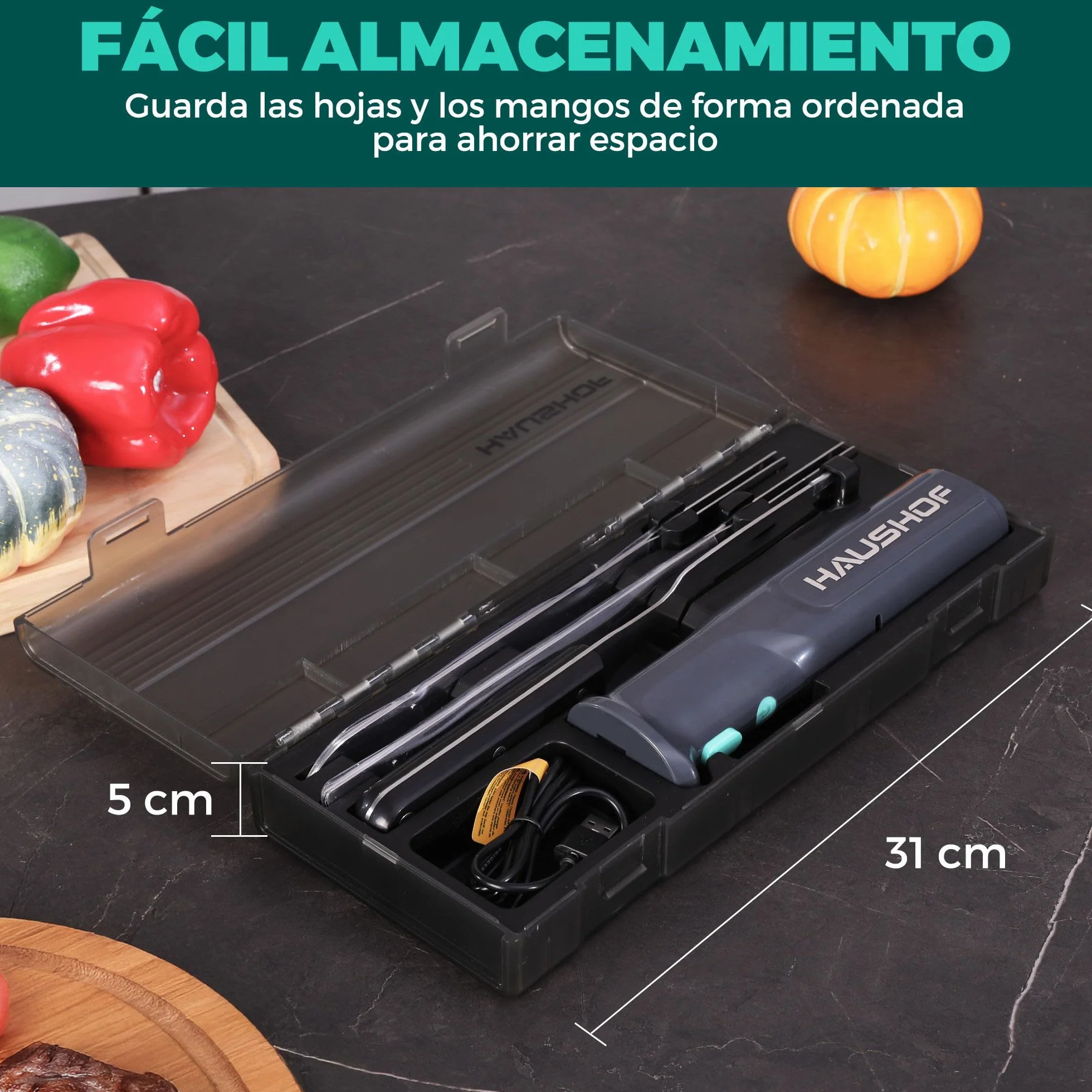 HAUSHOF Cuchillo Eléctrico 8V - Cuchillo de Cocina Inalámbrico, 2 Hojas de Acero Inoxidable, Tenedor Incluido, Apto para Lavavajillas, con Caja de Almacenamiento, Ideal para Carne, Pan, Jamón y Queso