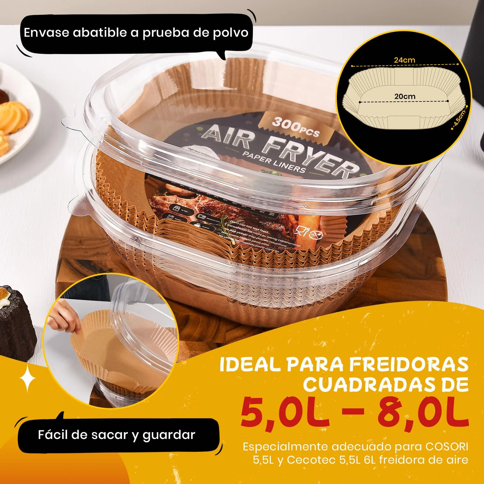 300 Piezas Papel Freidora de Aire 5-8L, 20-24CM Papel Air Fryer Cuadrado, Desechable Antiadherente para Horno Microondas, Perfecto para COSORI Cecotec 5,5 6L