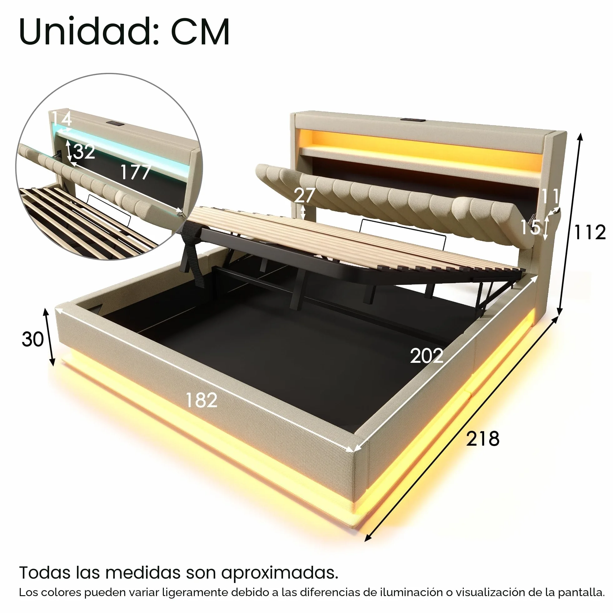 Cama tapizada de 180 x 200 cm, cama doble, cabecero de almacenamiento con conexiones USB y tipo C, iluminación LED en la cabecera y los pies de la cama, con espacio de almacenamiento hidráulico, lino
