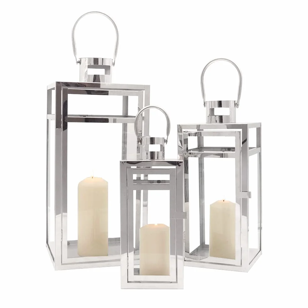 TRIROCKS Set de 3 Faroles Decorativos de Acero Inoxidable 48/38/30 cm Altos, Soportes Colgantes de Metal con Vidrio Transparente para Sala, Mesa y Exterior (Plata)