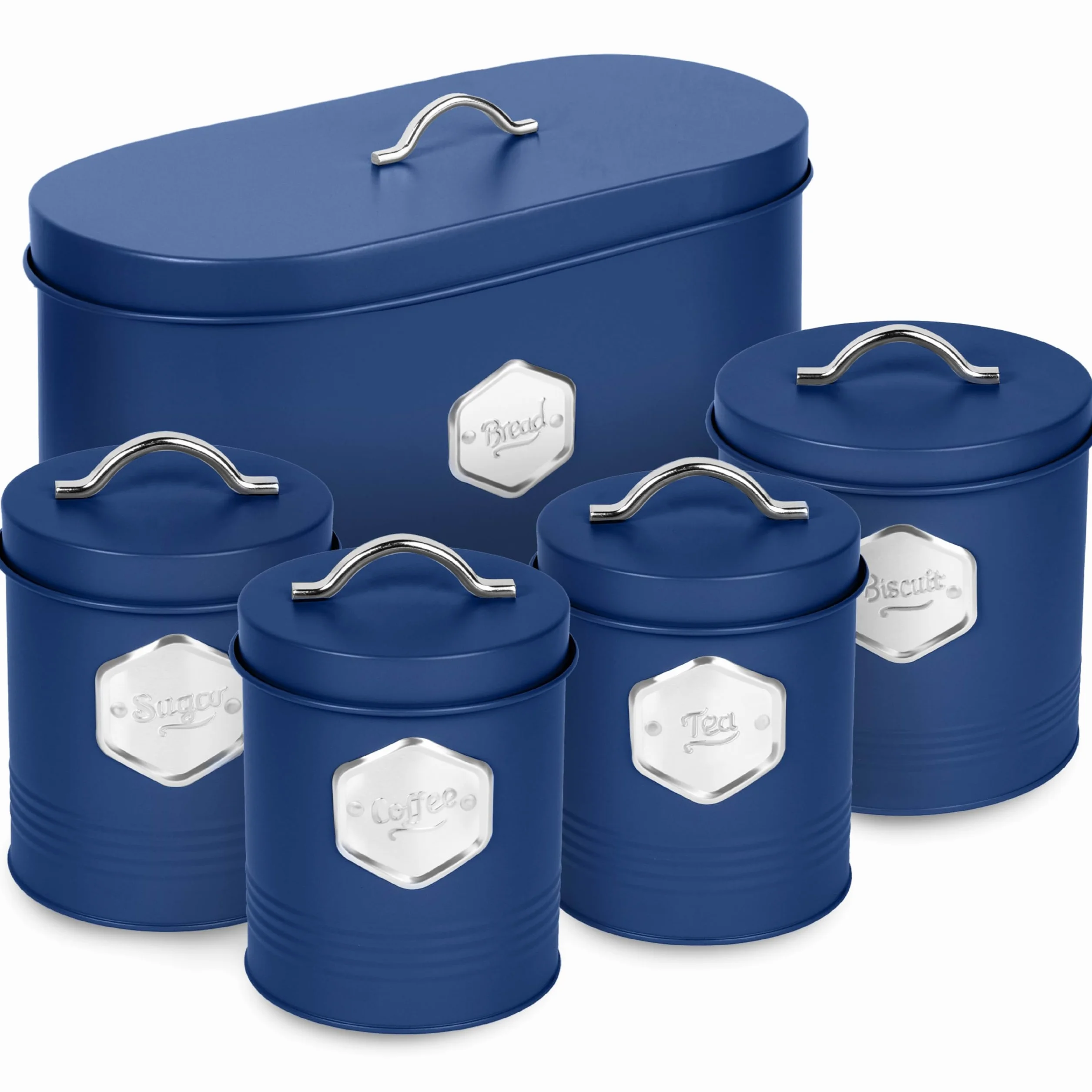 HEFTMAN Juego de recipientes de cocina azules, elegante juego de 5 recipientes de almacenamiento de cocina para pan, galletas, azúcar, café, té, juego de almacenamiento hermético, recipientes
